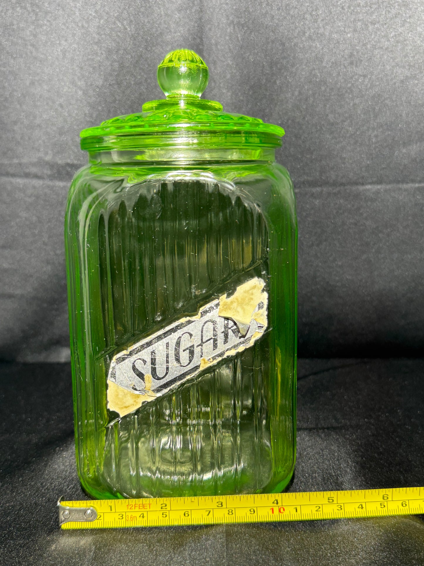 Vintage 1930s Anchor Hocking Uranium Glass “SUGAR” Canister with Original Lid