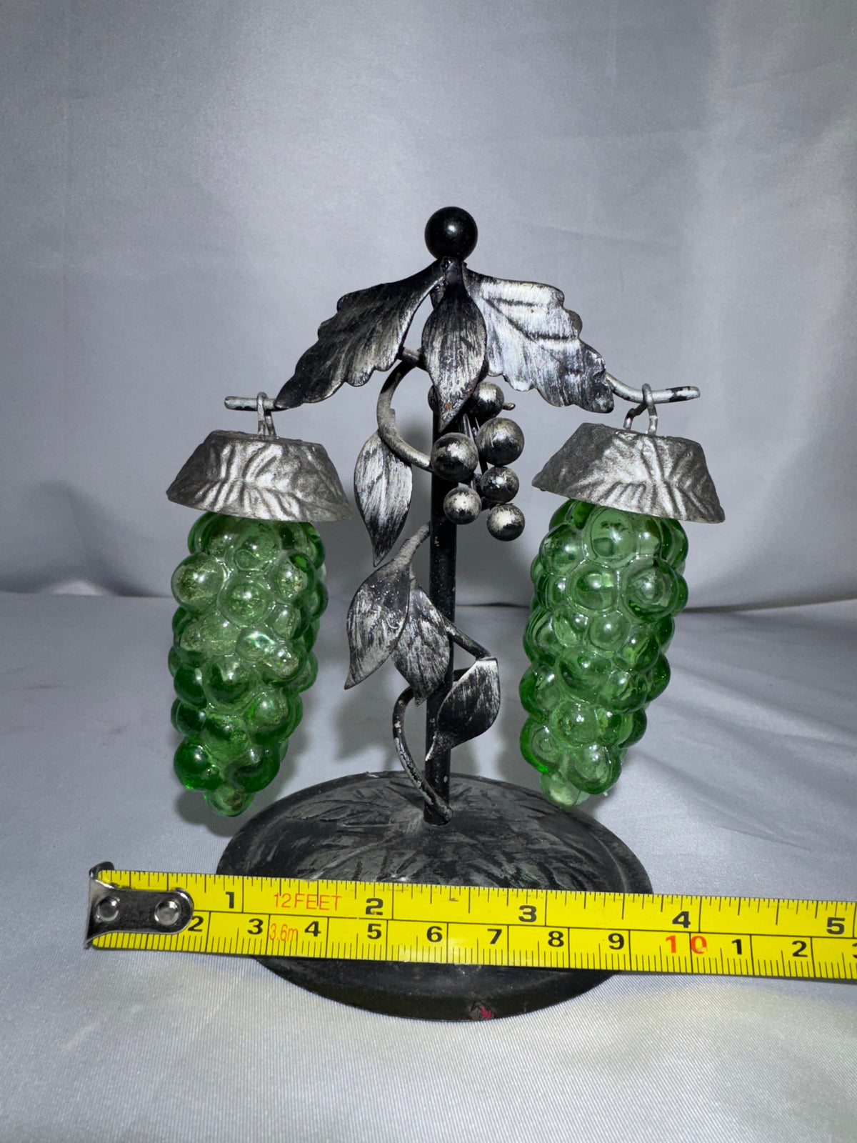 Vintage Green Glass Hanging Grape Salt & Pepper Shakers with Metal Vine Stand – 1950s–1960s
