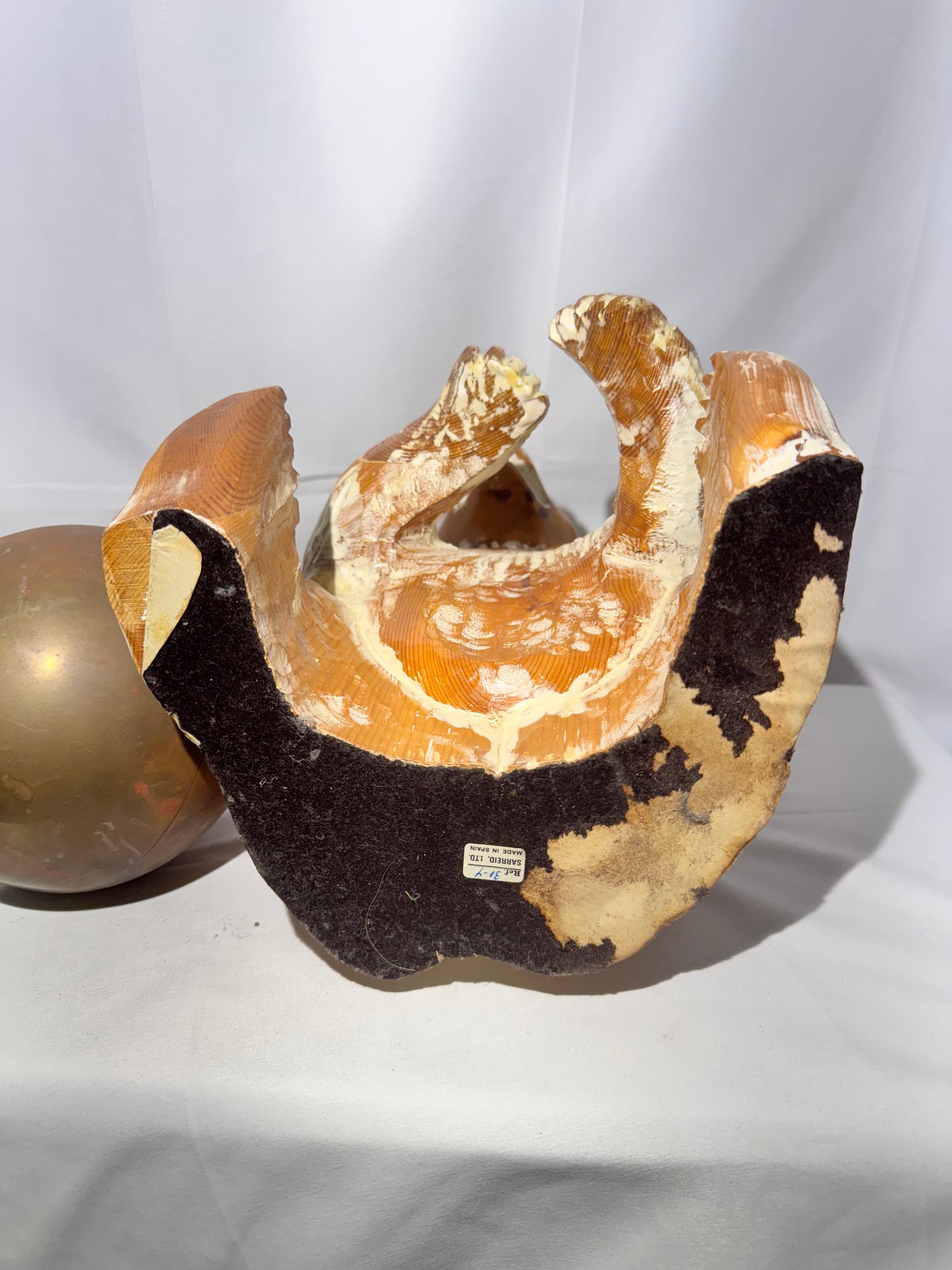 Vintage Hand-Carved Sarreid Ltd. Bear Sculpture Holding Brass Ball – Made in Spain – 1970s