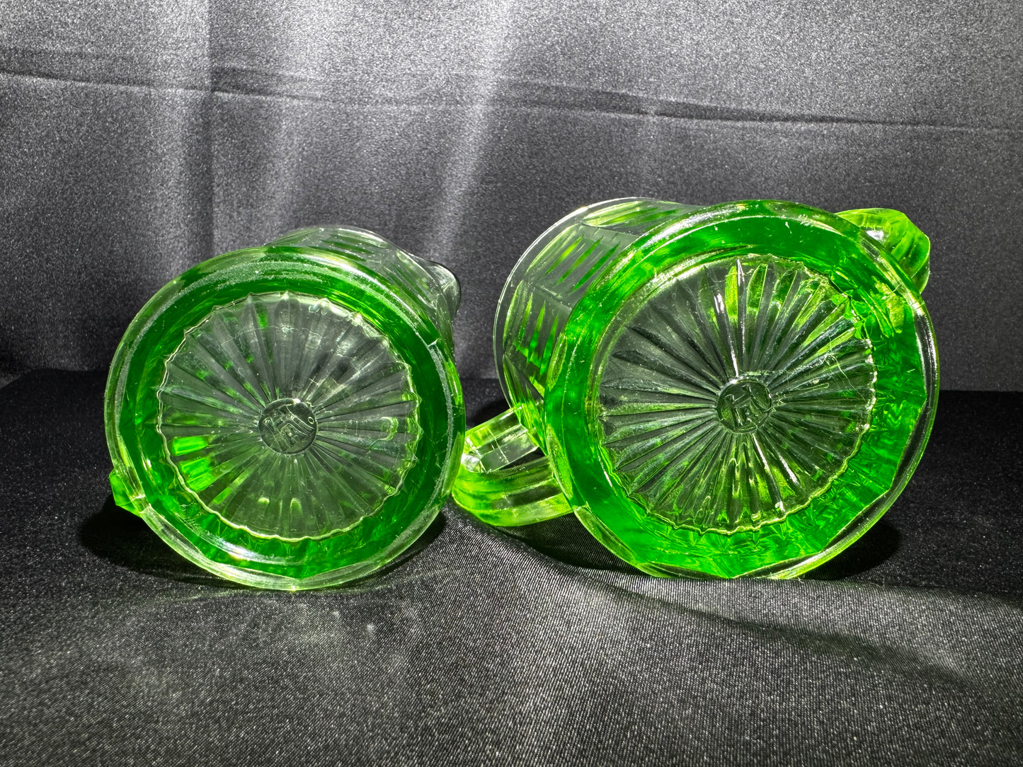 Vintage Hazel Atlas Colonial Block Green Uranium Depression Glass Creamer & Sugar Set