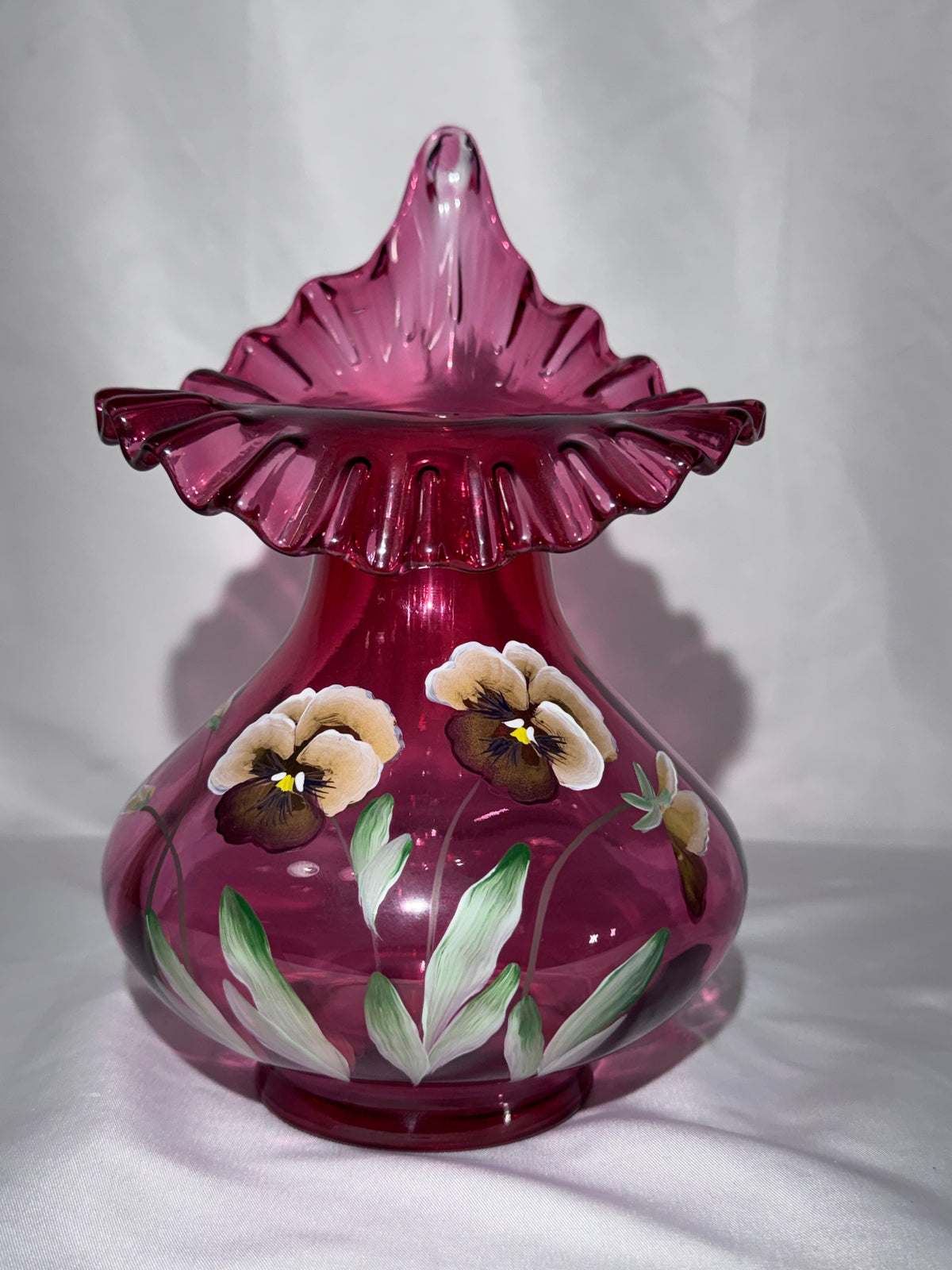 Vintage Fenton Cranberry Jack-in-the-Pulpit Vase – Hand-Painted Pansies – D. Cutshaw – 8.5”