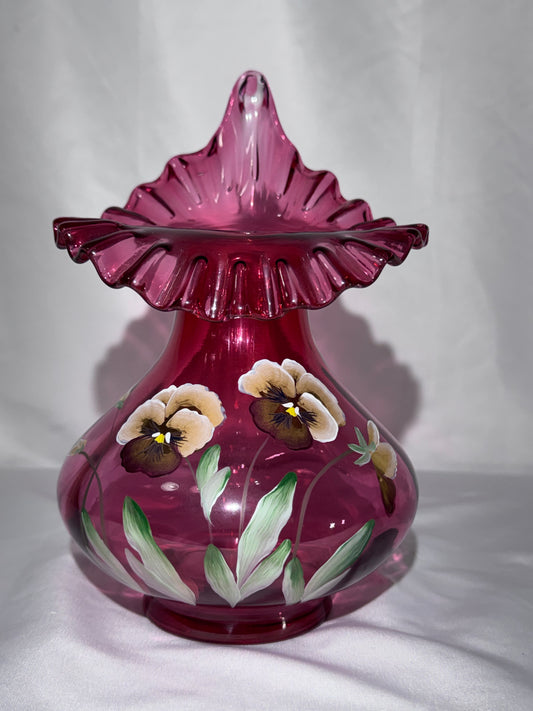 Vintage Fenton Cranberry Jack-in-the-Pulpit Vase – Hand-Painted Pansies – D. Cutshaw – 8.5”