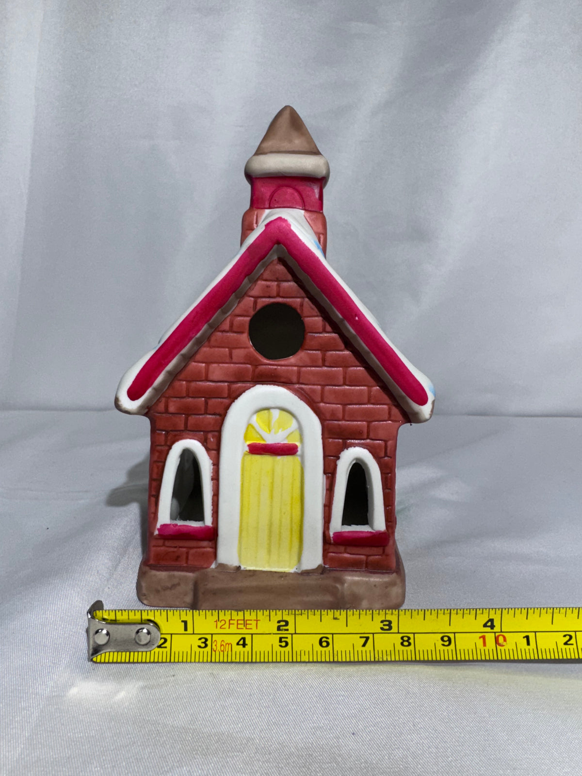 Ceramic Christmas village, church, tea, light candle holder, red brick, snowy roof