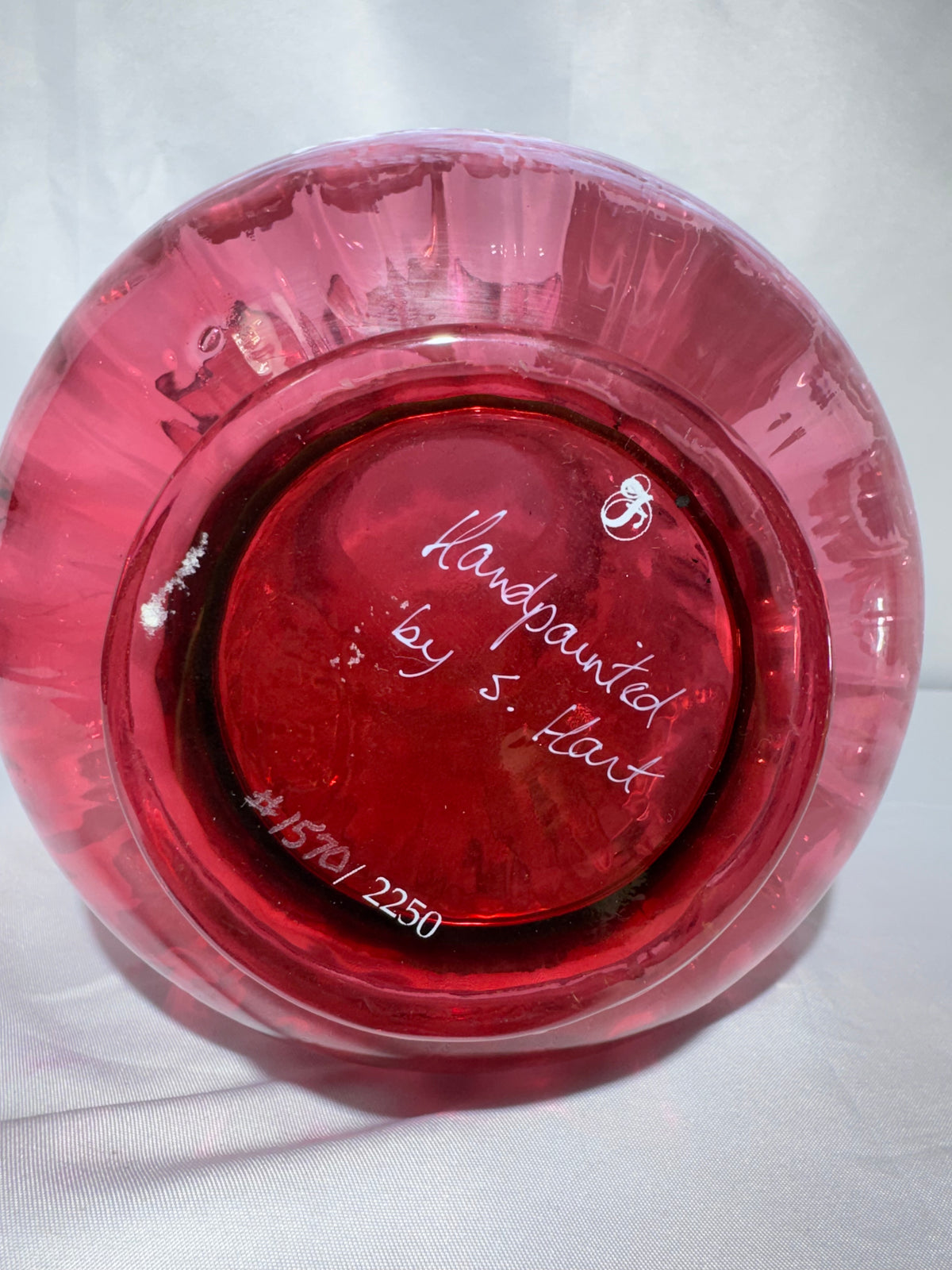 Fenton Cranberry Glass Mary Gregory Style Hand-Painted Pitcher – S. Hart – #1570/2250