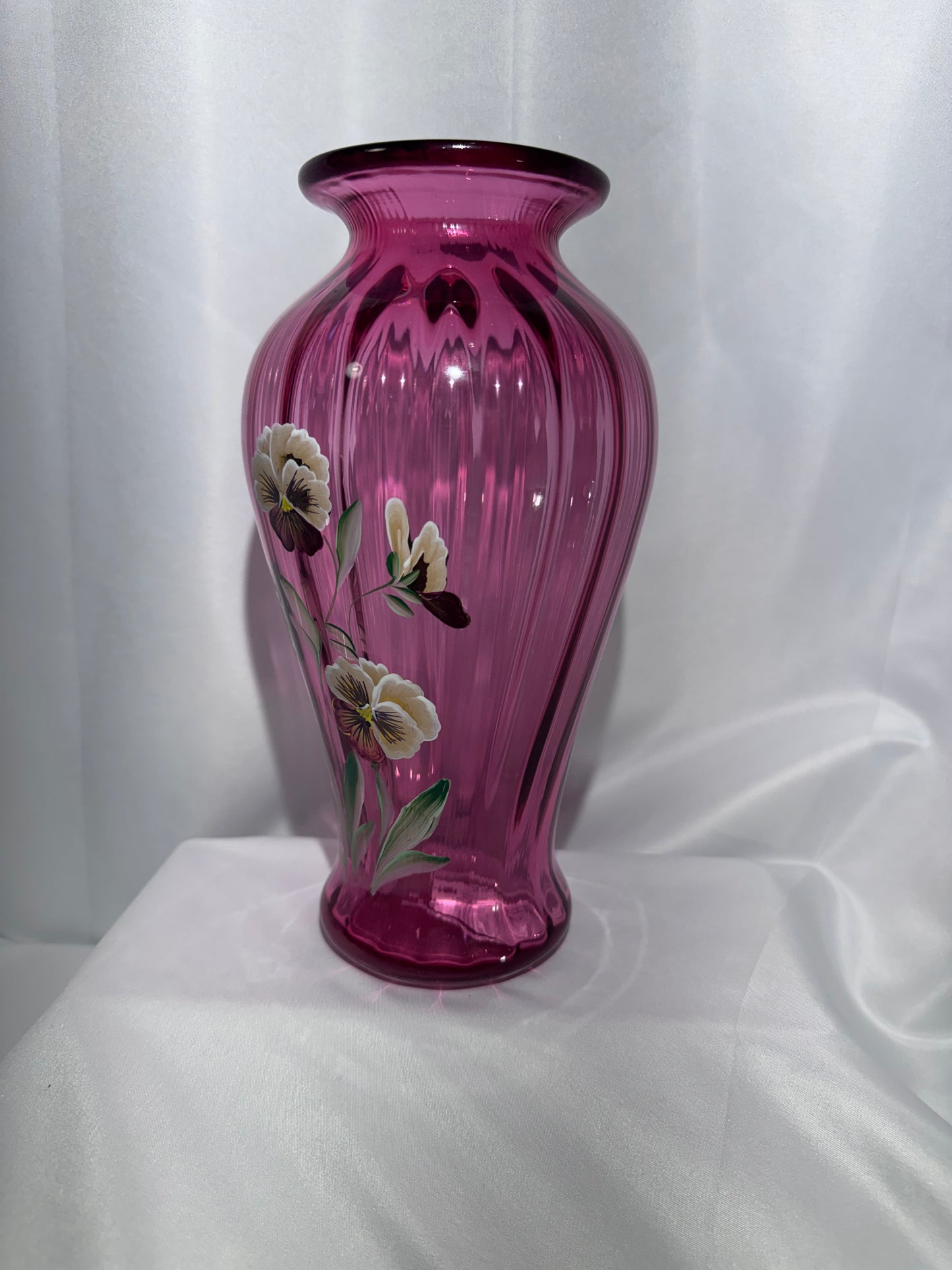 Fenton Pansies on Cranberry Optic Rib Vase 1994 – Hand-Painted – 9”