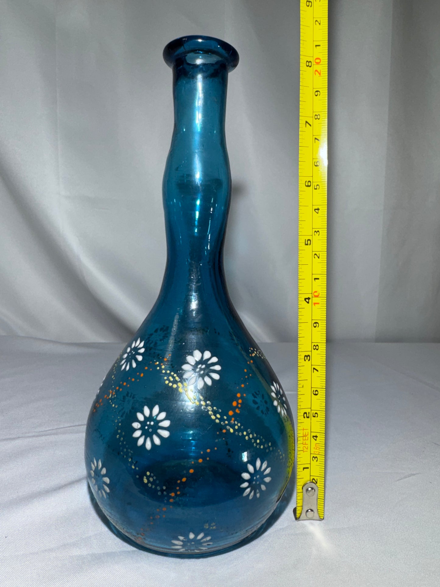 Antique Victorian Blue Glass Barber Bottle – Hand-Painted Daisy & Enamel Floral Design