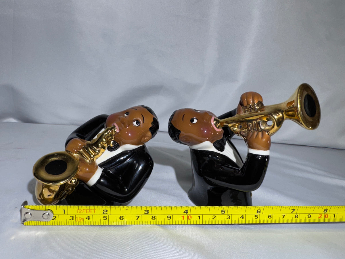 Jazz Musicians Salt and Pepper Shakers – Ceramic Saxophone & Trumpet Players – 1996 Clay Art