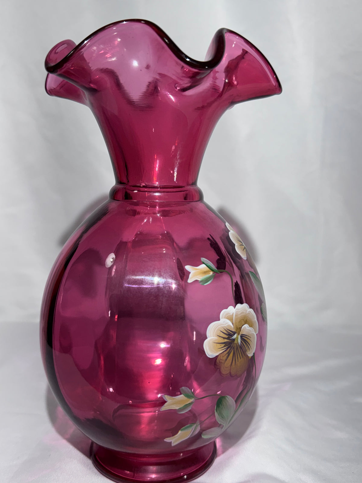 Vintage Fenton Cranberry Art Glass Vase – Hand-Painted Pansy Floral – P. Lane – 9” -1990's