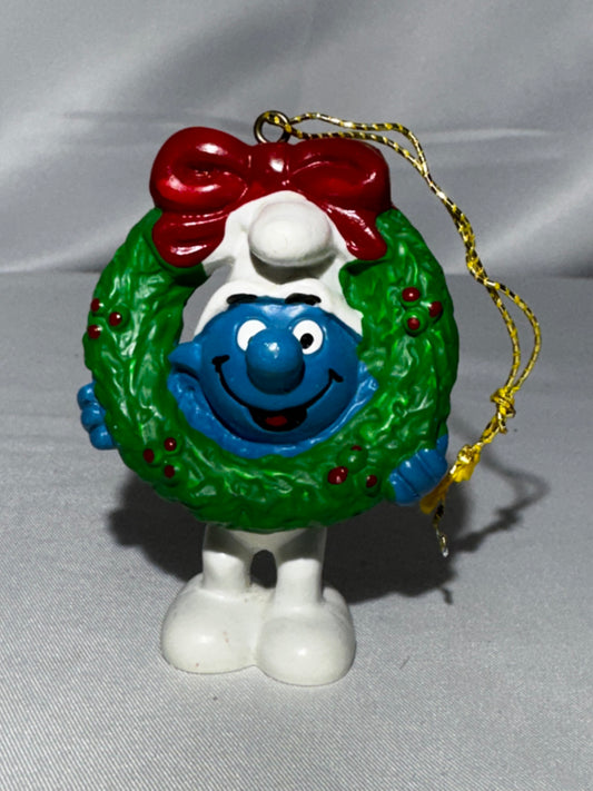 Vintage 1981 Schleich Smurf Christmas Ornament Wreath Gold Cord Portugal Peyo