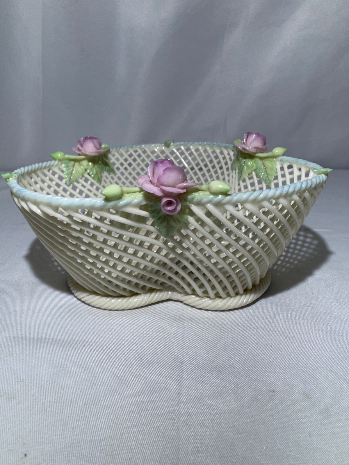 Vintage Irish Belleek Porcelain Four-Strand Woven Basket with Pink Roses – Made in Ireland