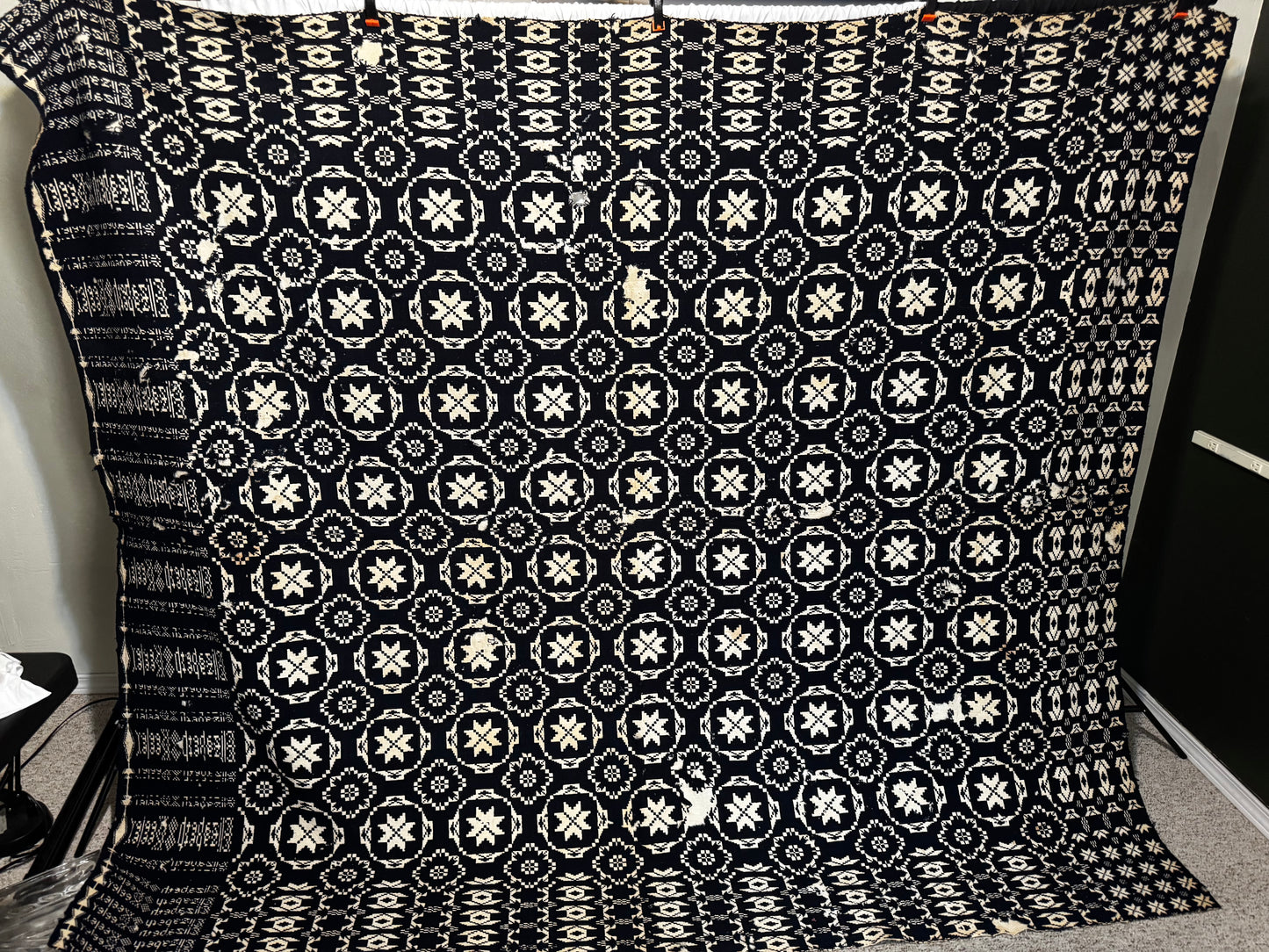 Early 1800s Handwoven Reversible Coverlet – Indigo & Cream – “Elizabeth KEELER” Signed Textile