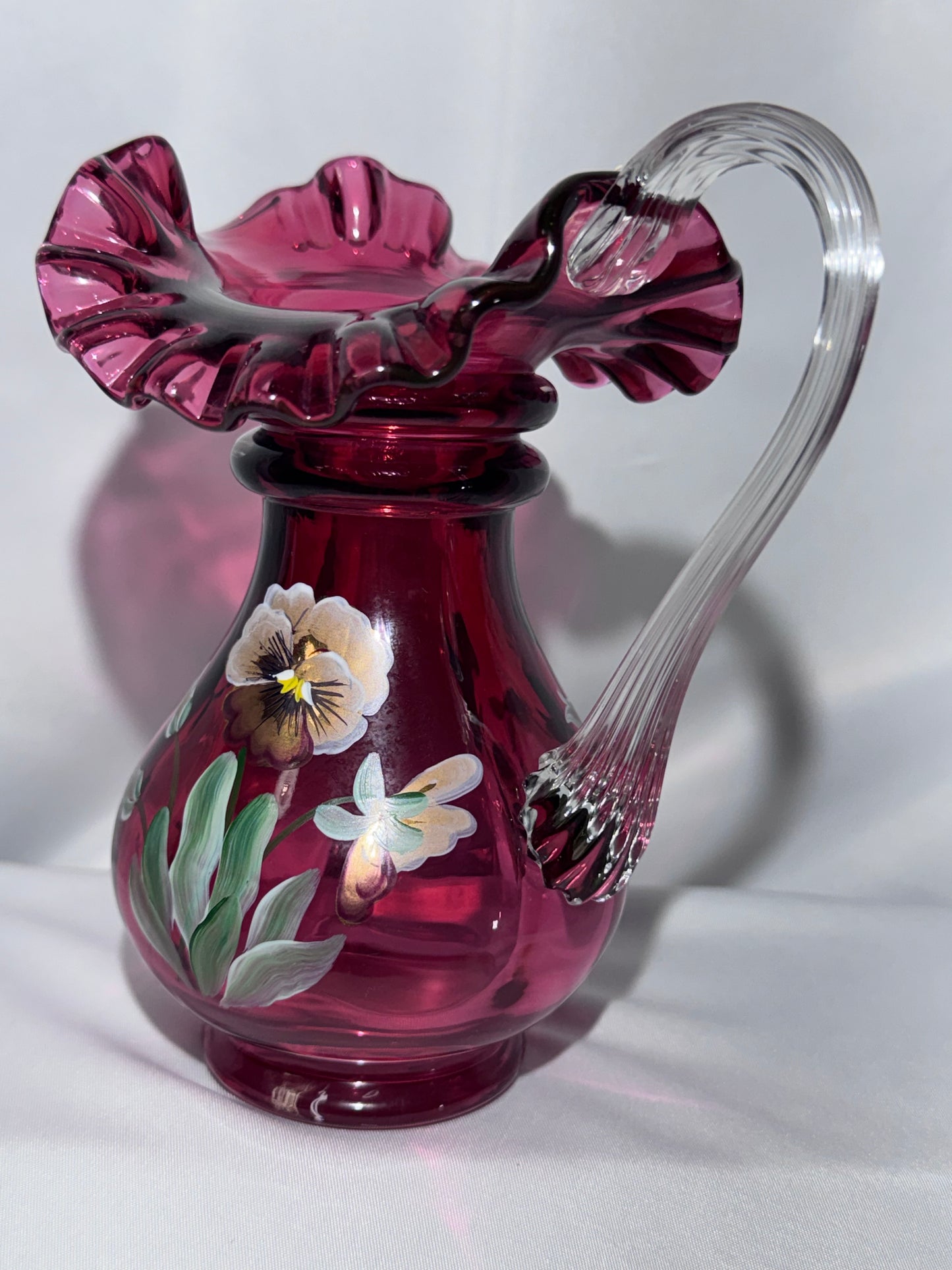 Vintage Fenton Cranberry Glass Pitcher – Hand-Painted Pansies – Signed