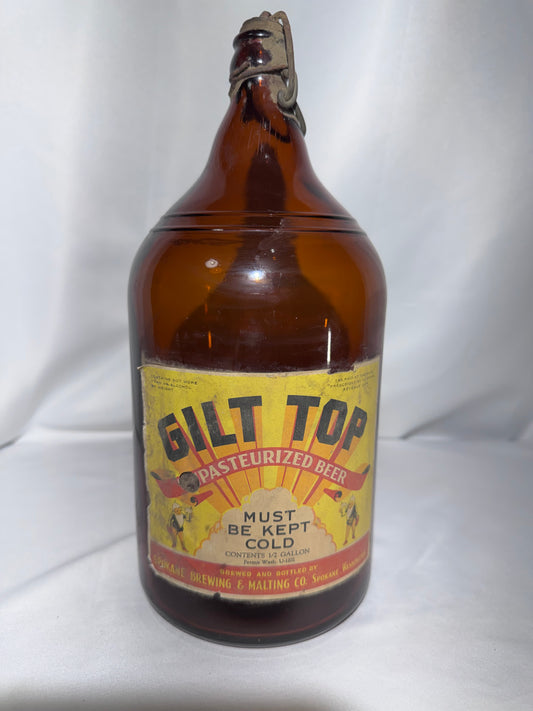 Vintage 1930s Gilt Top Pasteurized Beer 1/2 Gallon Amber Jug – Spokane Brewing & Malting Co. – Spokane WA