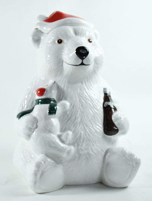 Coca-Cola Polar Bear Cookie Jar with small polar bear and Coca-Cola bottle