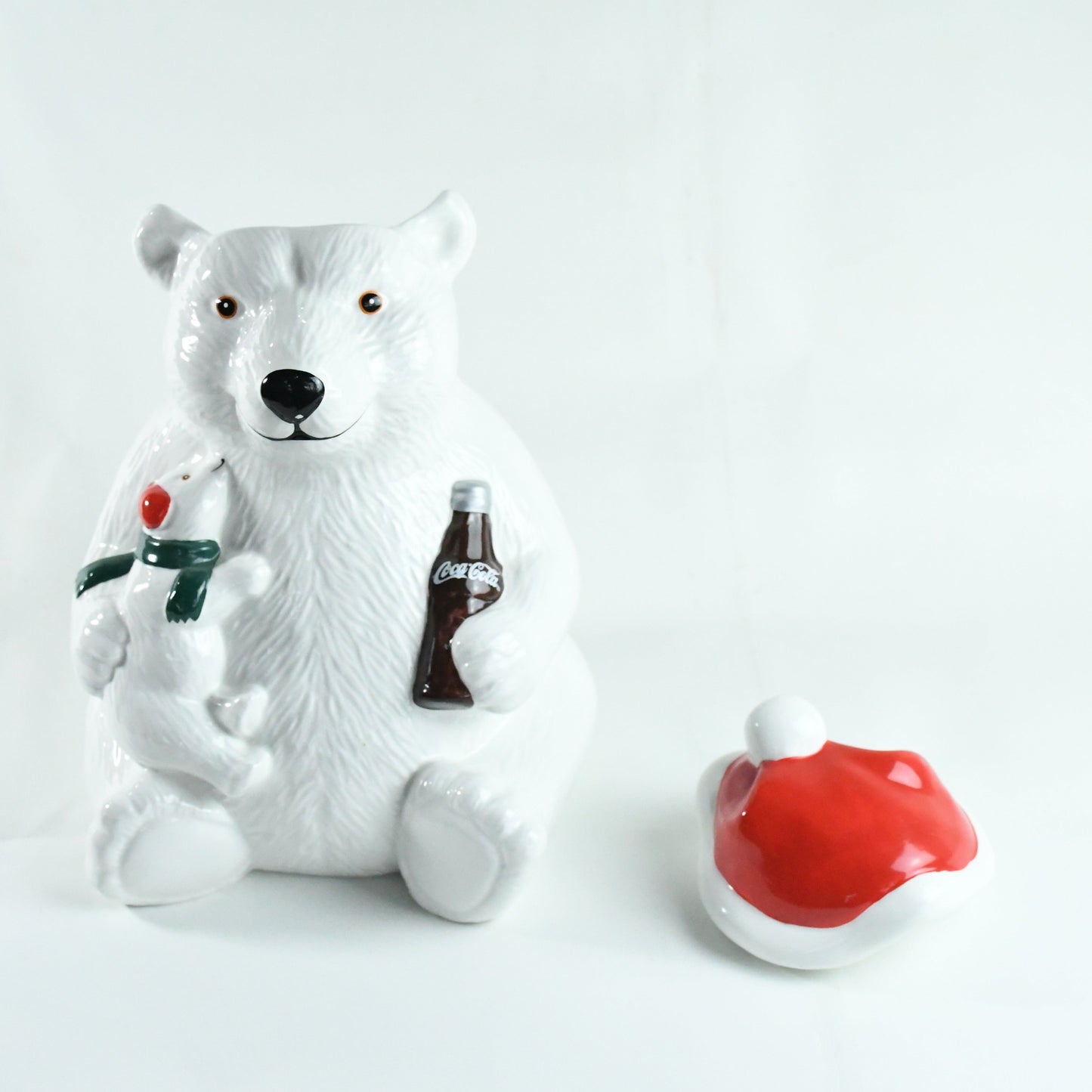 Coca-Cola Polar Bear Cookie Jar with small polar bear and Coca-Cola bottle