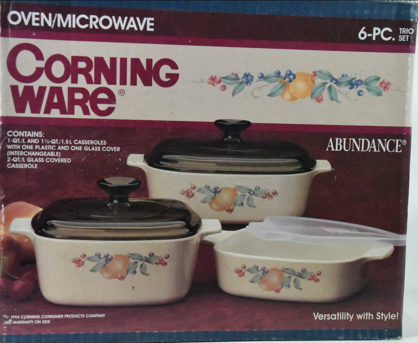 Corning Ware- Abundace-1994-6 piece Trio set-old in box-oven/microwave