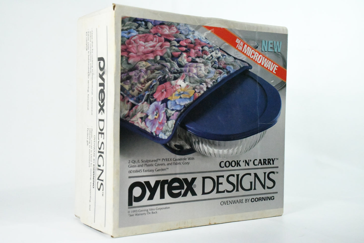 Pyrex Design Ovenware by Corning-1993- 2Qt Casserole w/ glass & plastic Cover & Fabric Cozy 6016845 Fantasy Garden Unopened box VTG