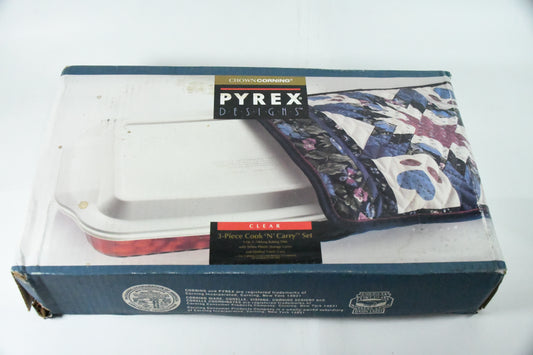 Pyrex- Crown Corning-1994- 3 piece Cook-N-Carry-6016409- 3 qt. Obong Baking Dish with White storage cover and Quilted Fabric Cozy-Vtg-unopened box