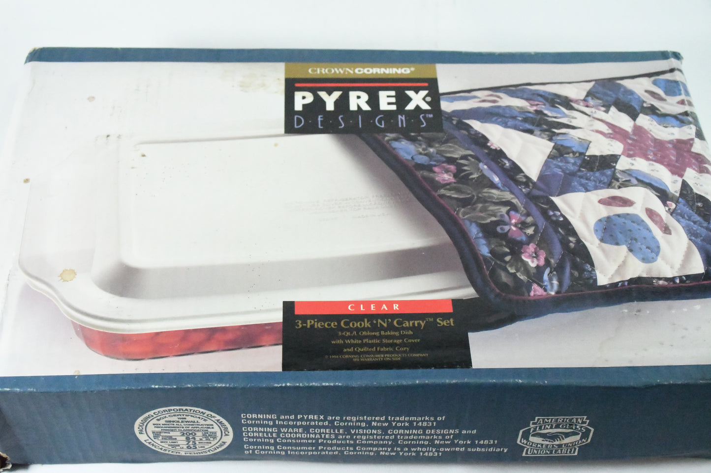 Pyrex- Crown Corning-1994- 3 piece Cook-N-Carry-6016409- 3 qt. Obong Baking Dish with White storage cover and Quilted Fabric Cozy-Vtg-unopened box