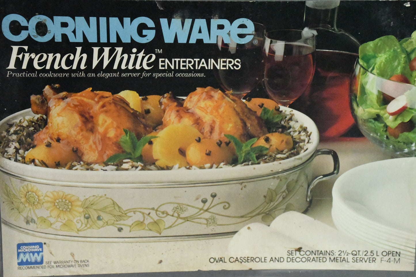 Corning Ware French White Entertainers- 2 1/2 qt Oval Casserole -Decorated Metal Server-Unopened box F-4-M