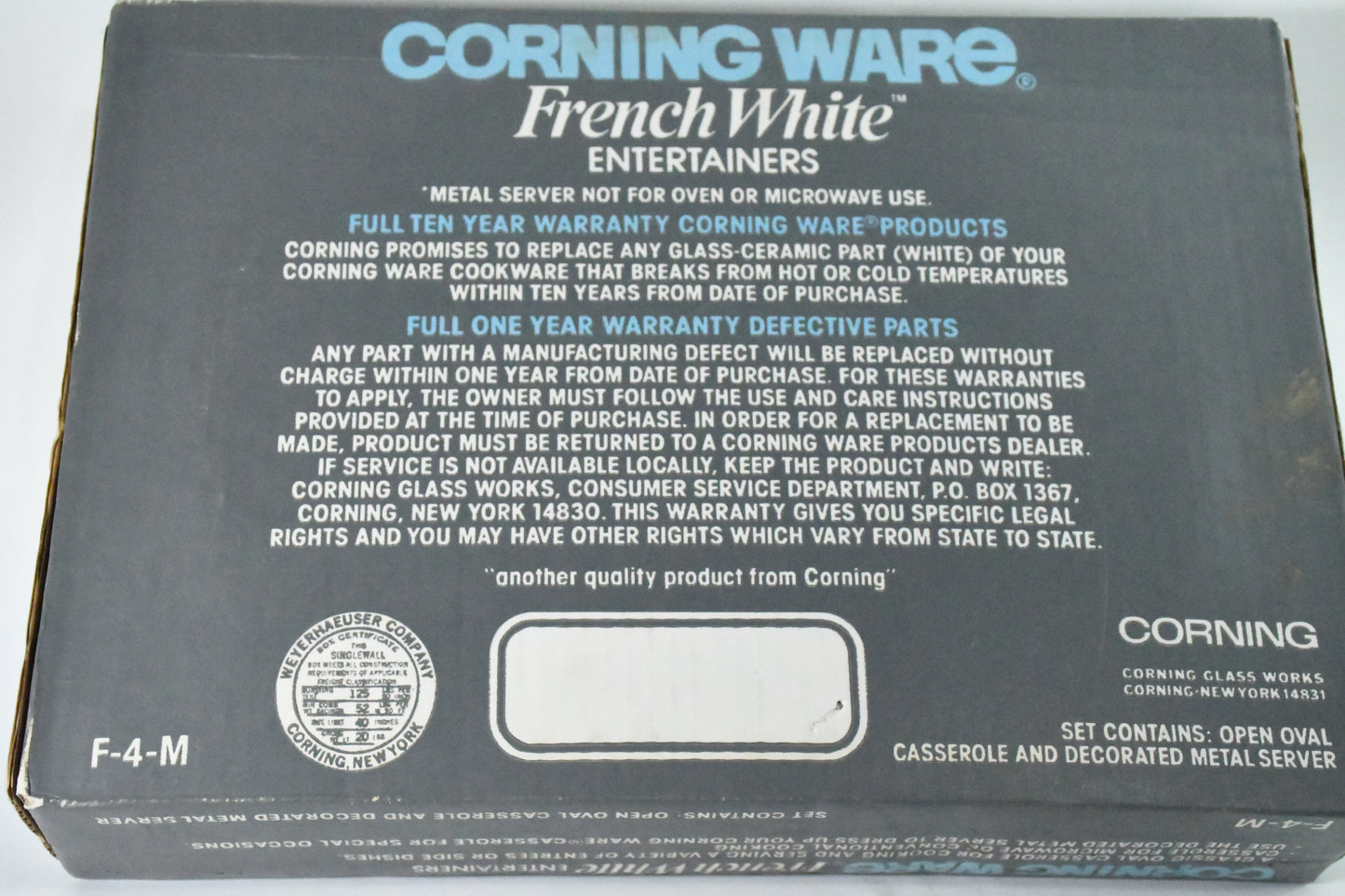 Corning Ware French White Entertainers- 2 1/2 qt Oval Casserole -Decorated Metal Server-Unopened box F-4-M