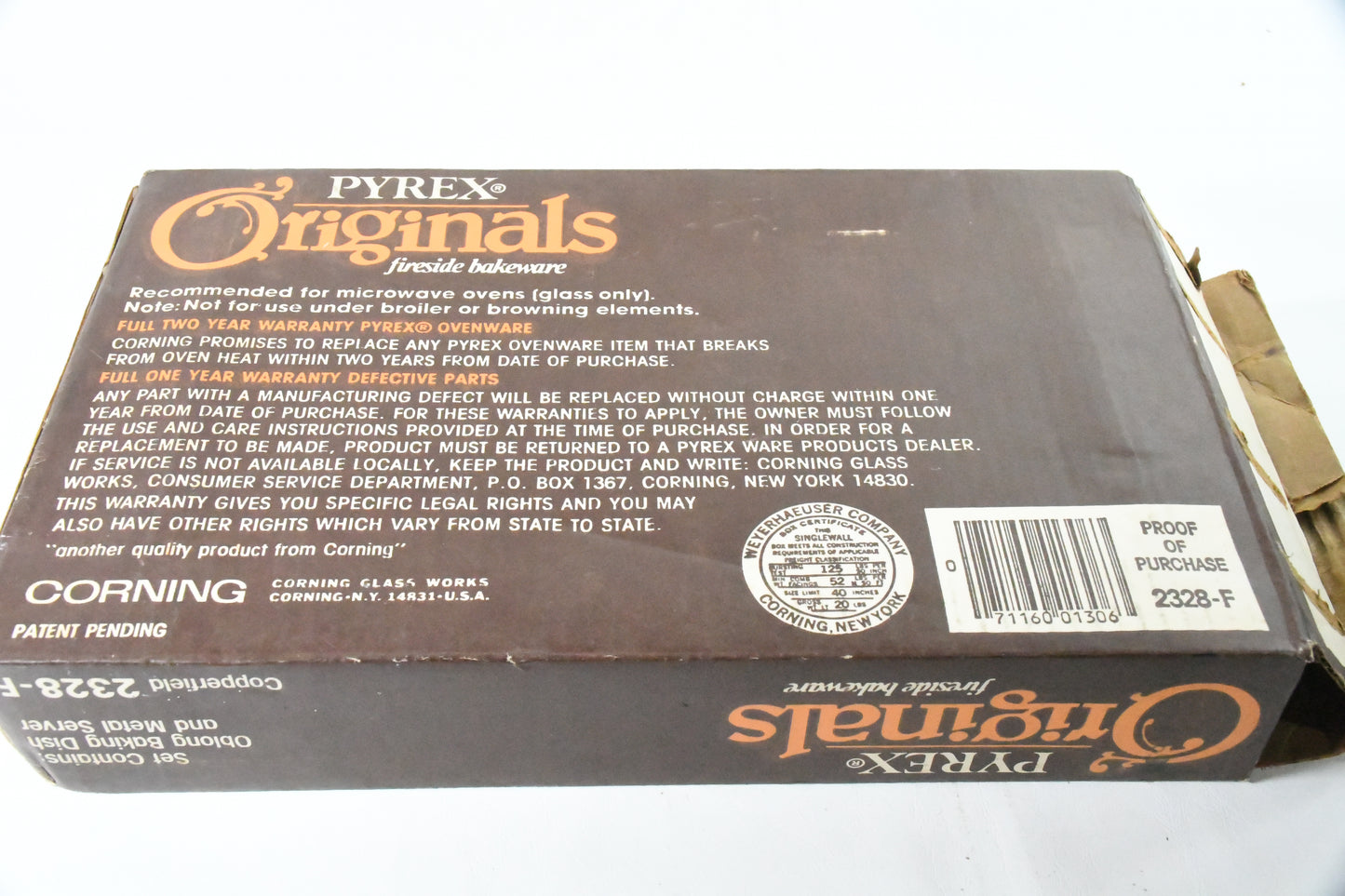 Pyrex Originals- Fireside bakeware- Copperfield 2328-F Unopened box