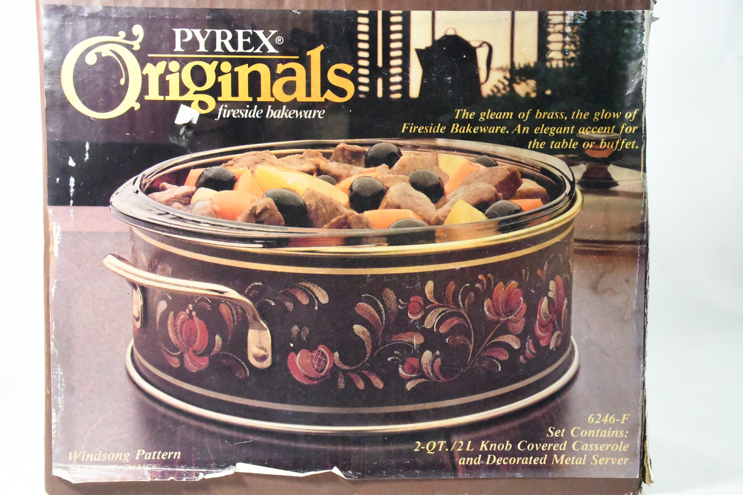 Pyrex Originals- Fireside Bakeware- Windsong6246-F 2qt Knob cover Casserole & Decorated Metal Server-VTG