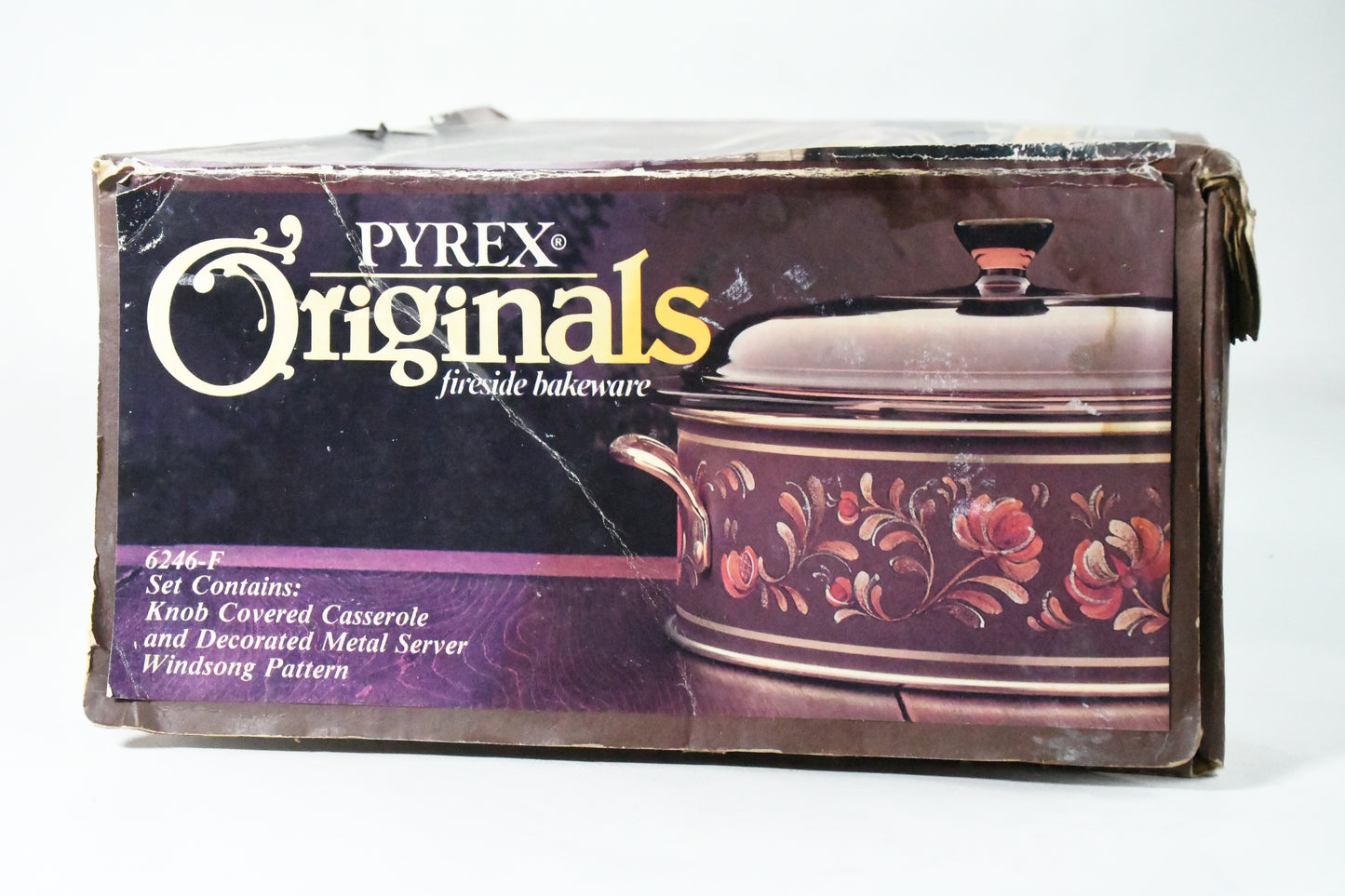 Pyrex Originals- Fireside Bakeware- Windsong6246-F 2qt Knob cover Casserole & Decorated Metal Server-VTG