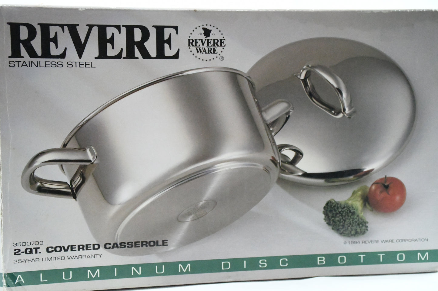 Revere Ware Covered Casserole-2pc-2qt-Stainless Steel-Corning-original box