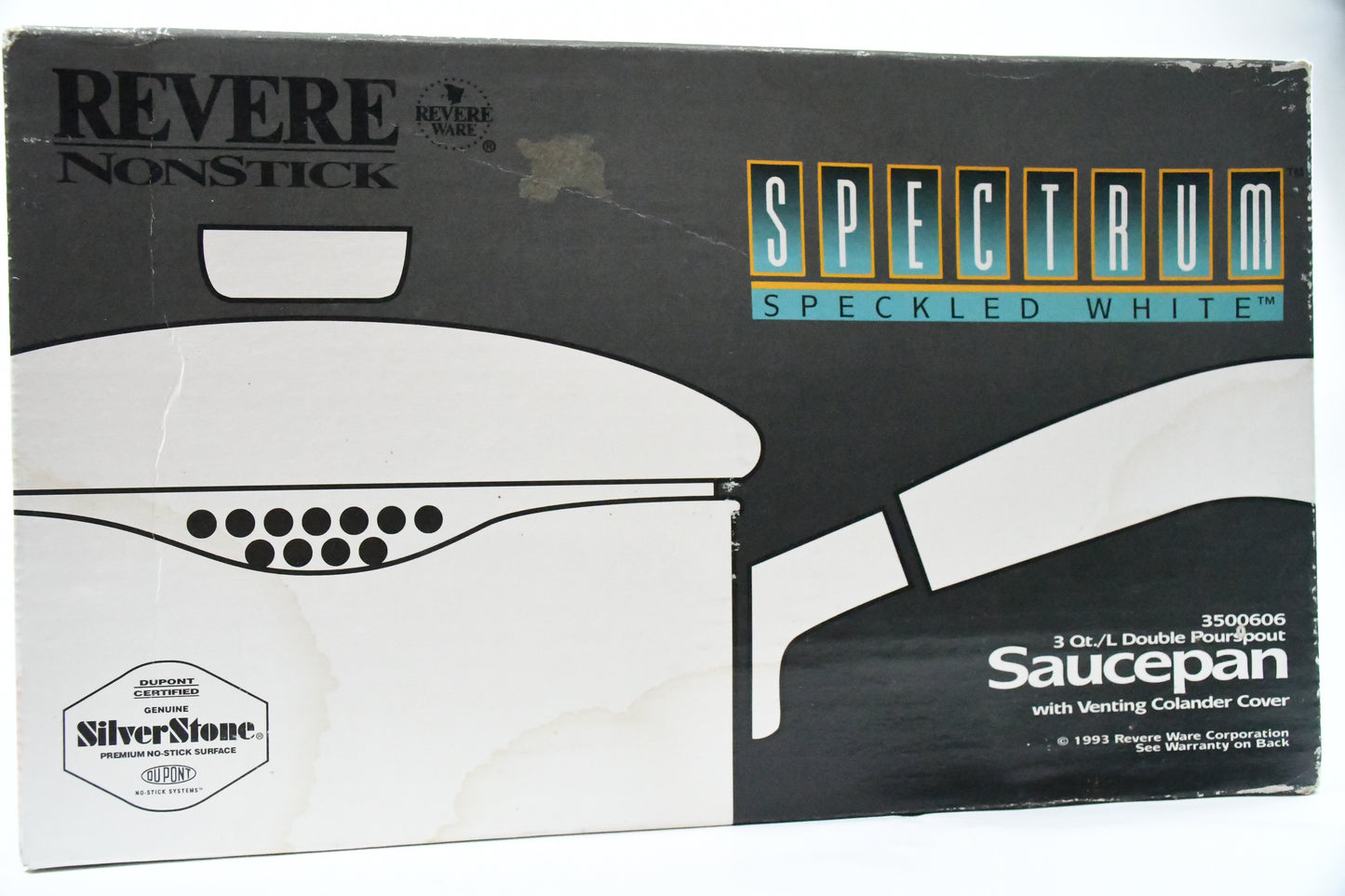 Revere Ware Nonstick- Spectrum Speckled White-Corning- Silver Stone-Sauce Pan 3qt Double Pourspout- with Venting Colander Cover -3500606