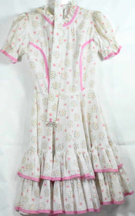 Kate Schorer-Womens Square Dancing Dress- Pink Flower pattern w/ matching belt- puff sleeves-70's