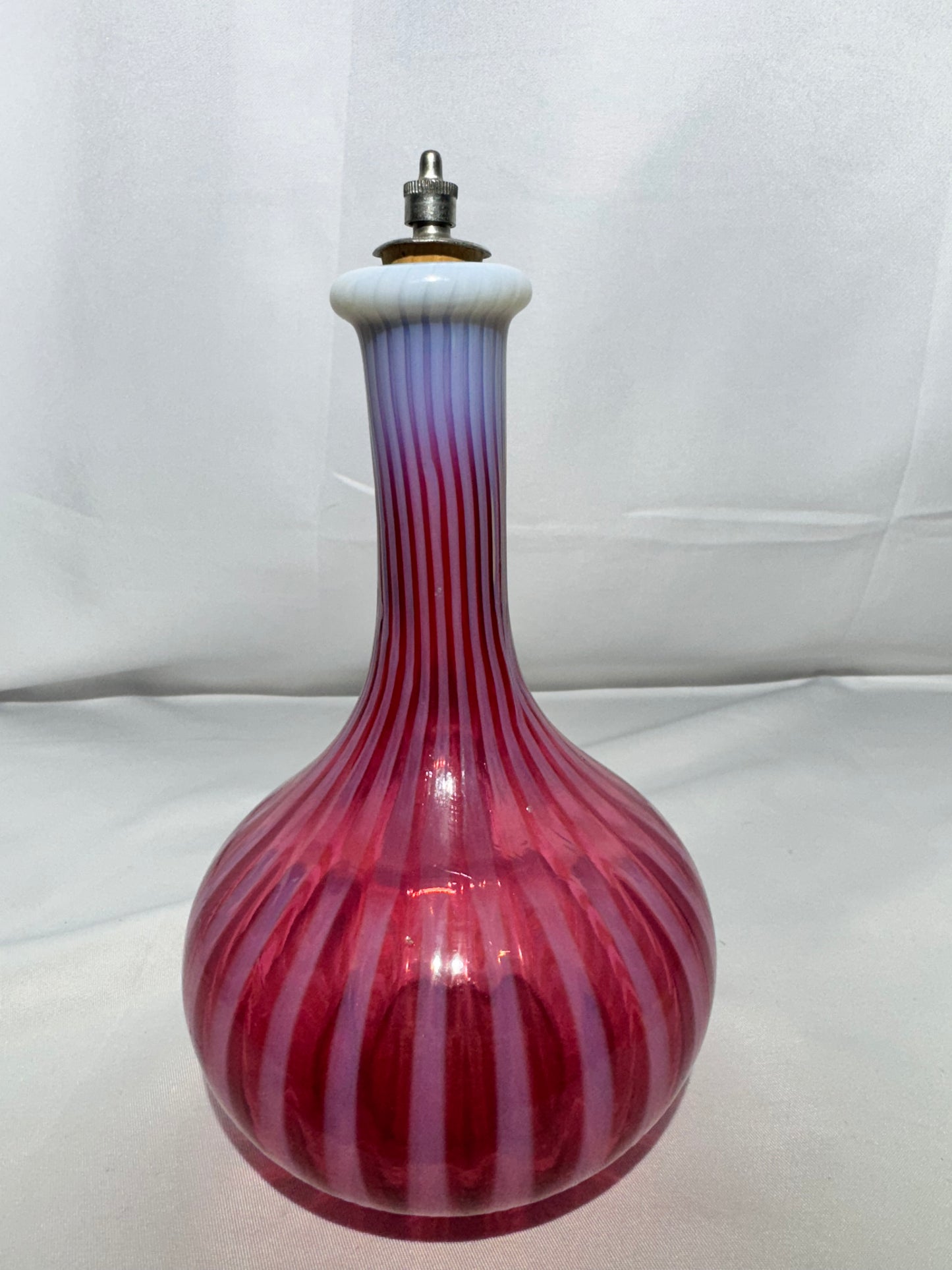 Antique Cranberry Opalescent Striped Barber Bottle w/ Stopper