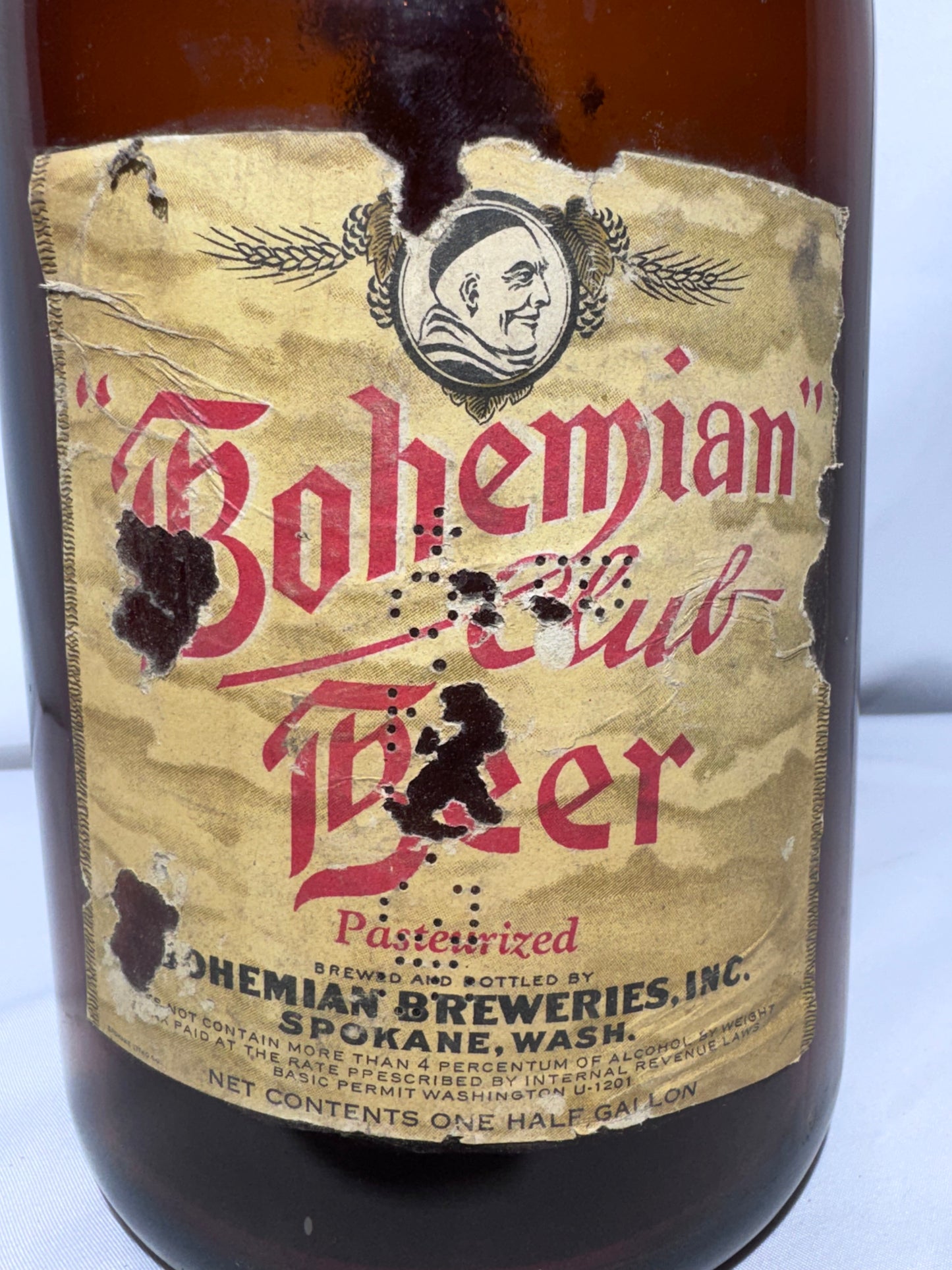 Vintage Bohemian Club Beer Half-Gallon Amber Glass Bottle – Spokane, Washington