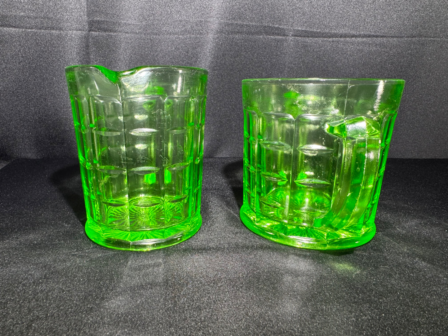 Vintage Hazel Atlas Colonial Block Green Uranium Depression Glass Creamer & Sugar Set