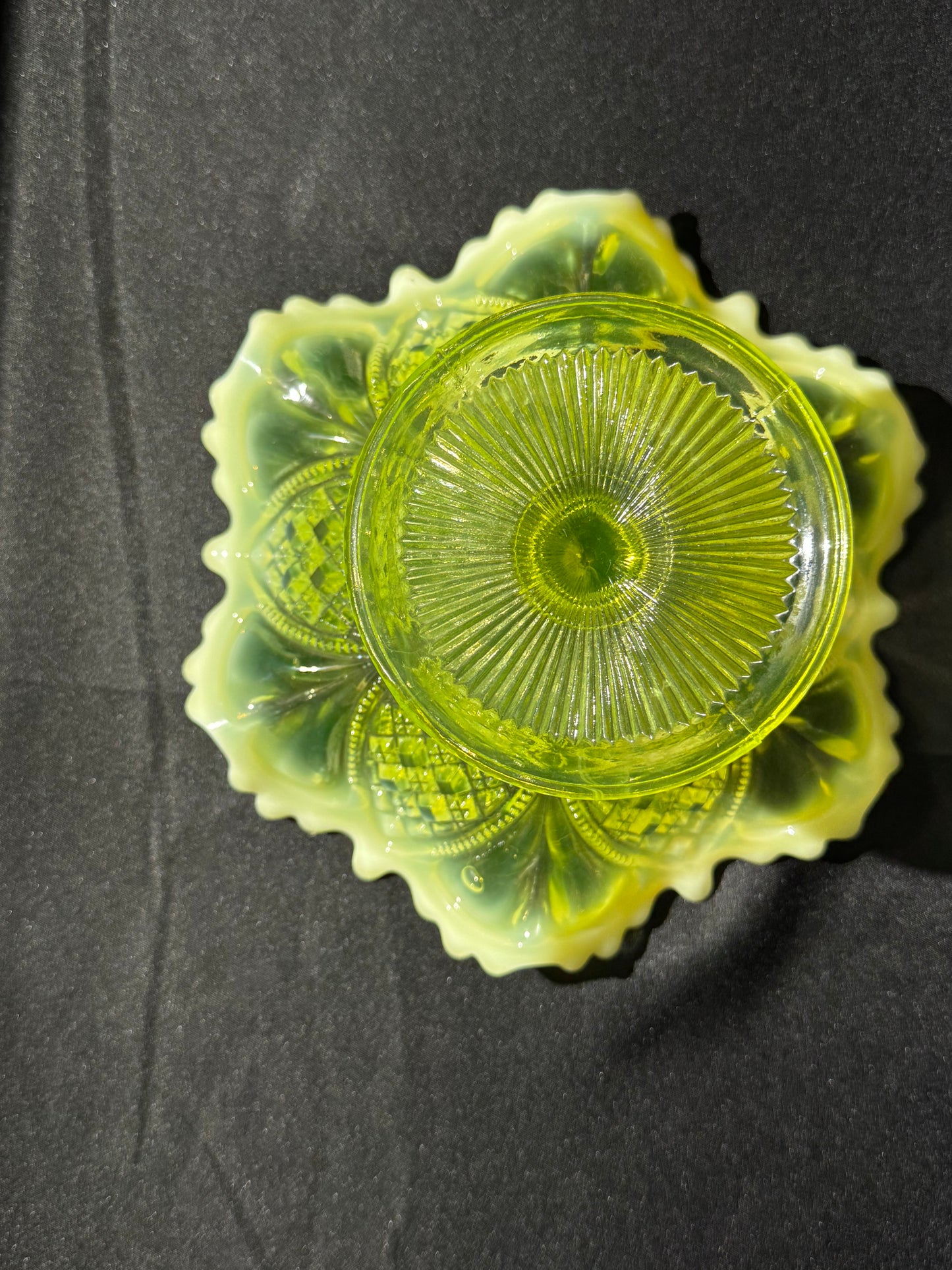 Victorian Davidson Uranium Glass Compote Bowl Queen’s Crown Primrose Pearline Opalescent Rim