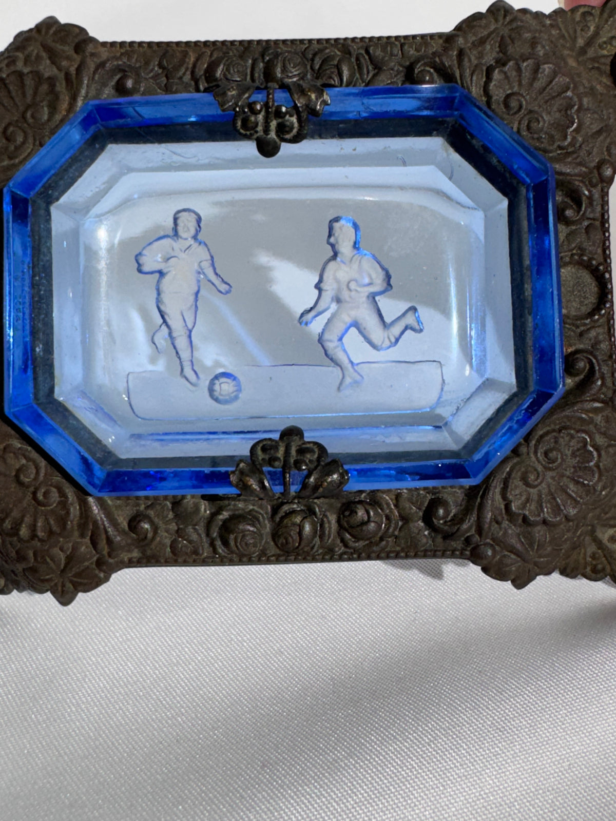 Vintage Art Deco Bohemian Intaglio Glass Open Salt Cellar – Soccer Theme – Ornate Metal Holder – 1920s–1930s