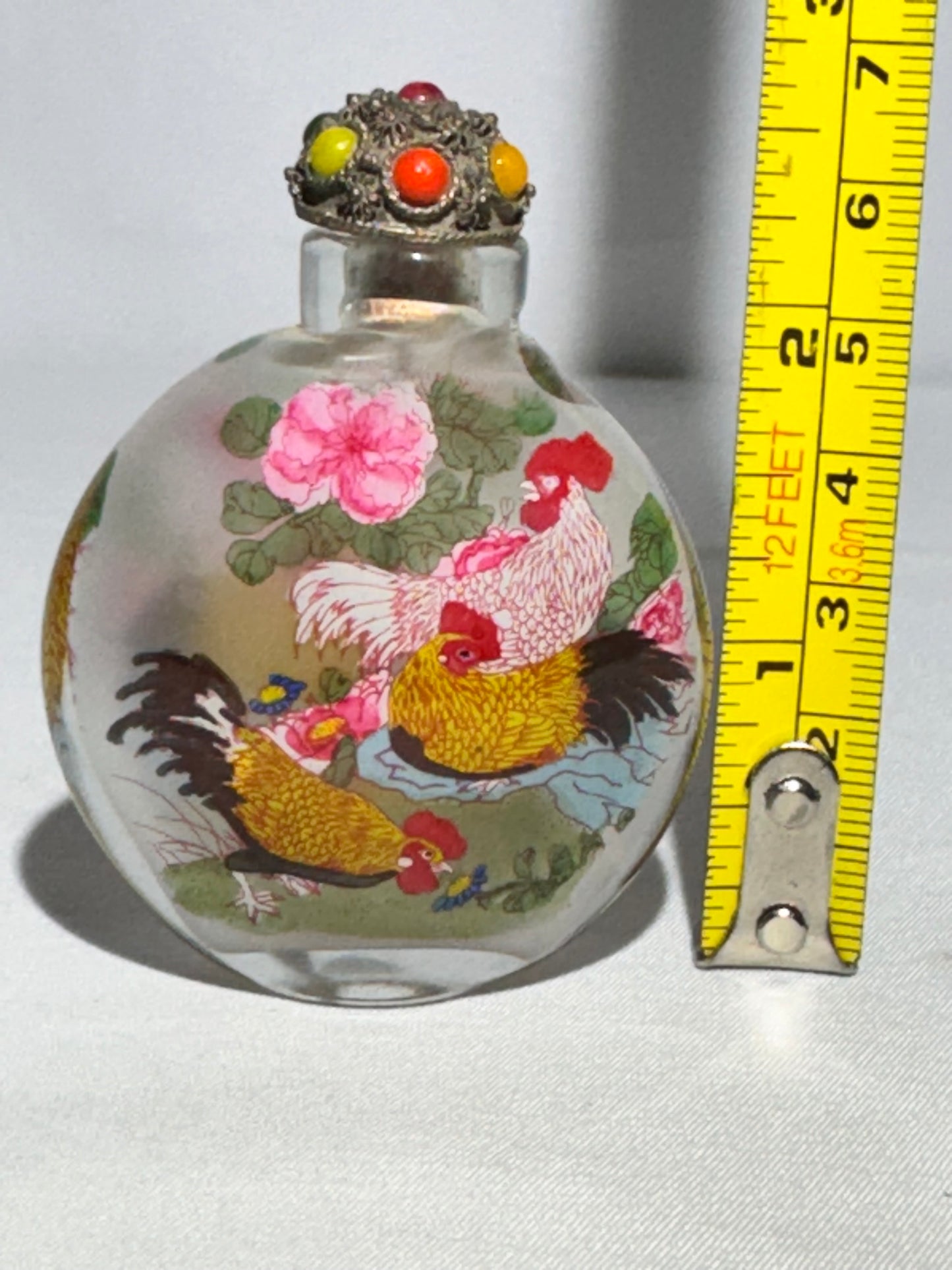 Chinese Reverse Hand Painted Glass Snuff Bottle – Dual Rooster Scene, Oval Shape