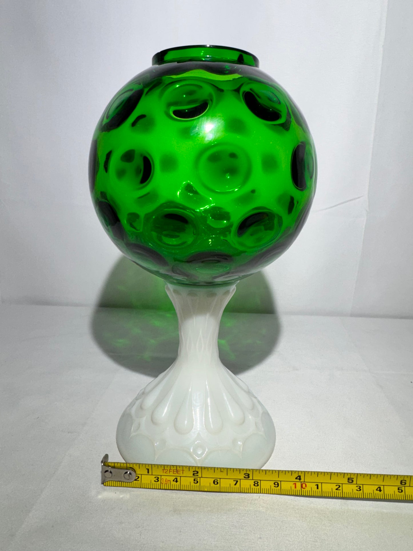 Fenton Coin Pedestal Ivory Ball Rose Bowl – Green & Milk Glass