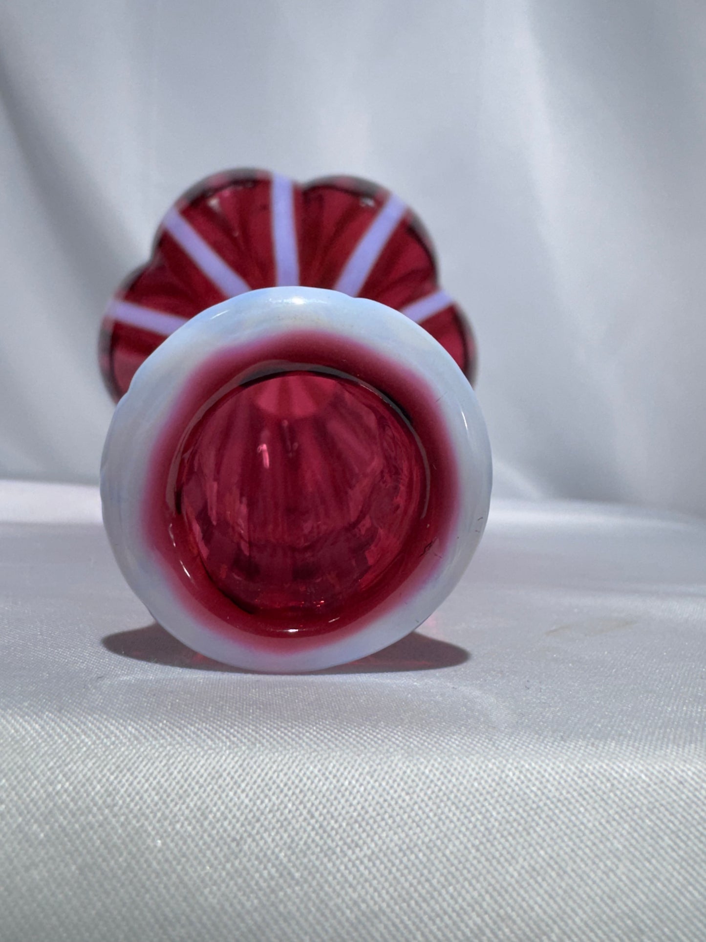 Vintage Fenton Cranberry Opalescent Rib Optic Barber Bottle / Bud Vase – 7.5”