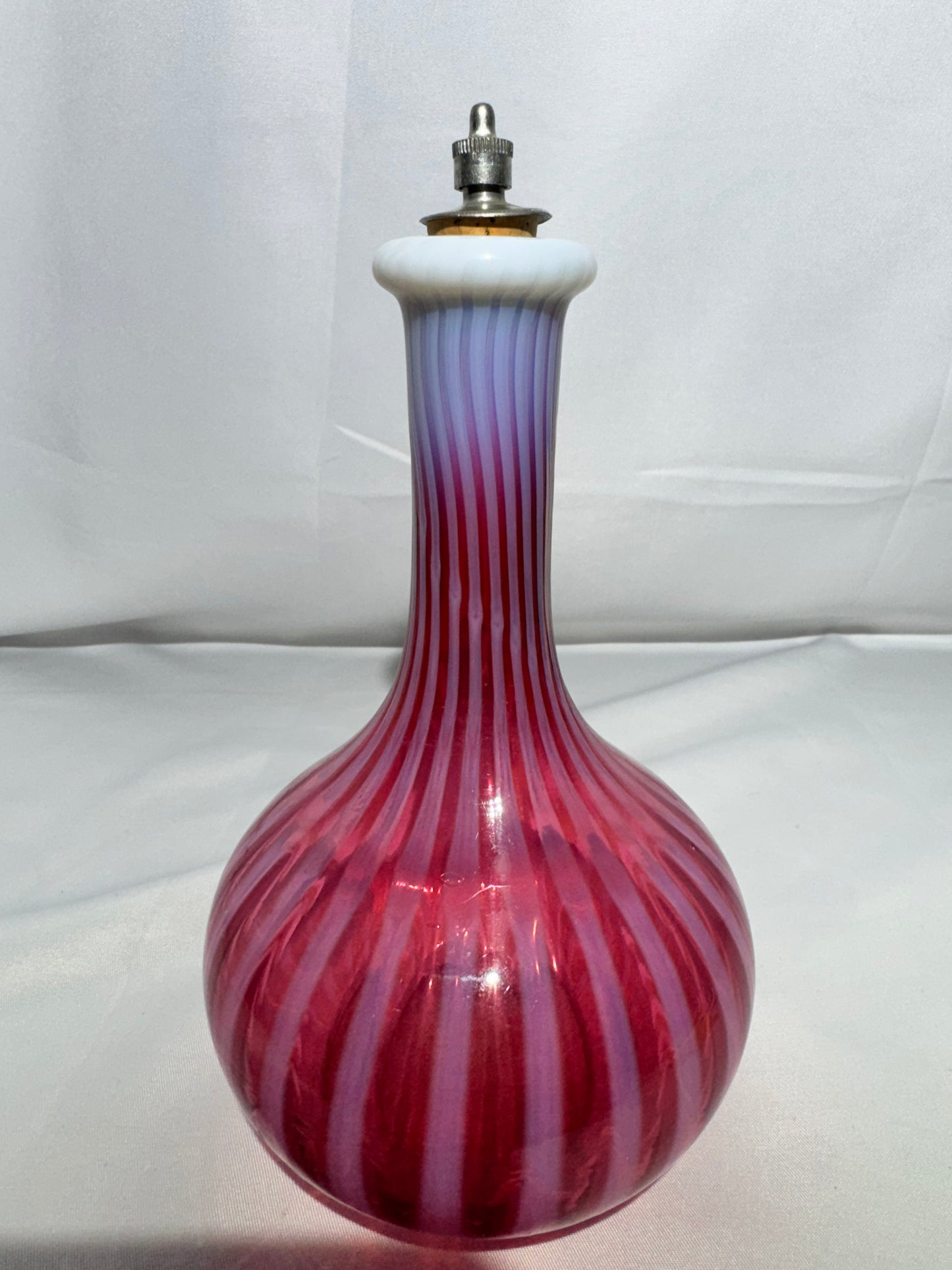 Antique Cranberry Opalescent Striped Barber Bottle w/ Stopper