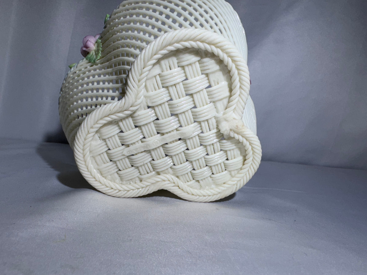 Vintage Irish Belleek Porcelain Four-Strand Woven Basket with Pink Roses – Made in Ireland