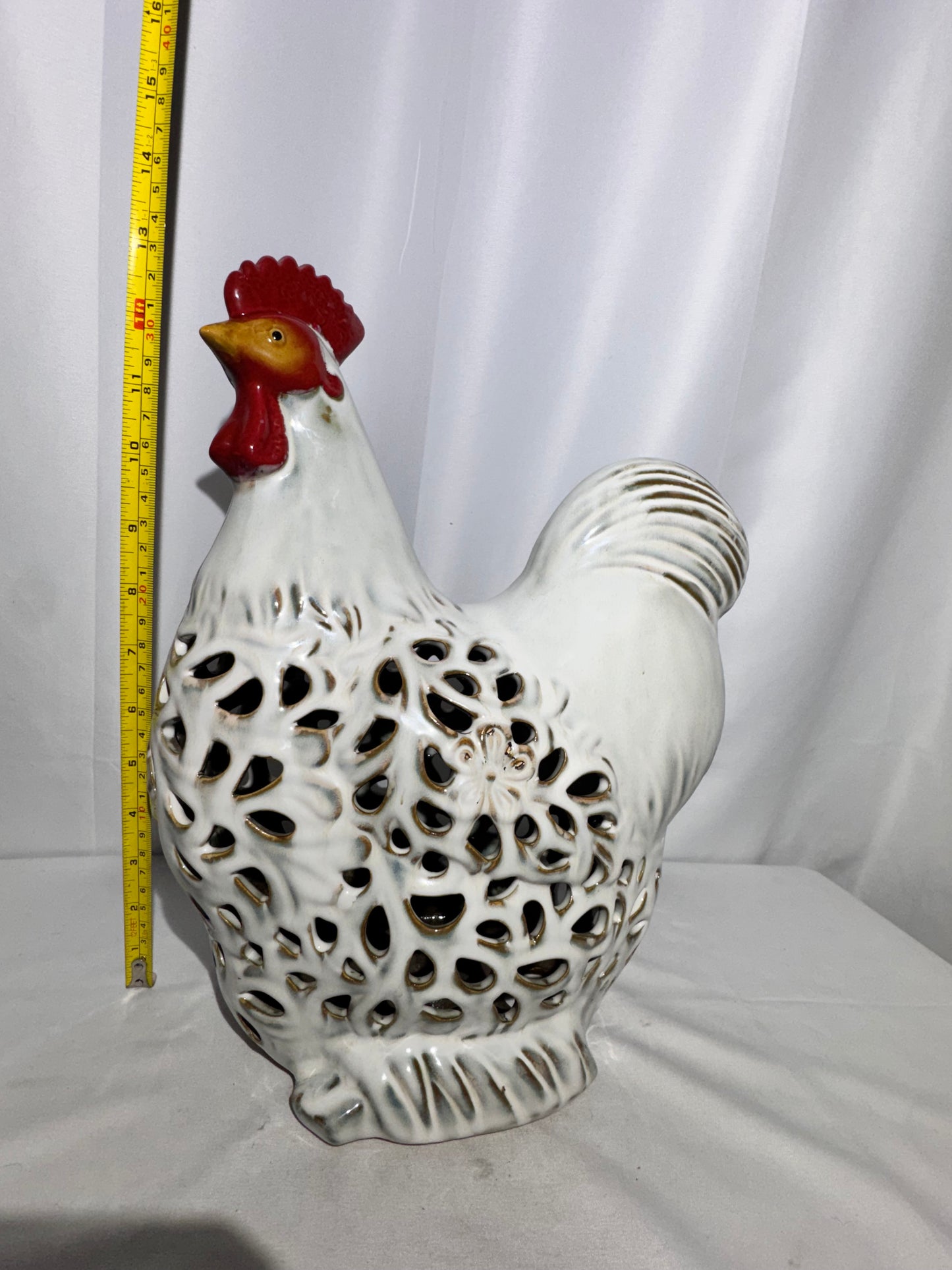 White Ceramic Openwork Rooster Figurine – Decorative Farmhouse Accent – 13” Tall