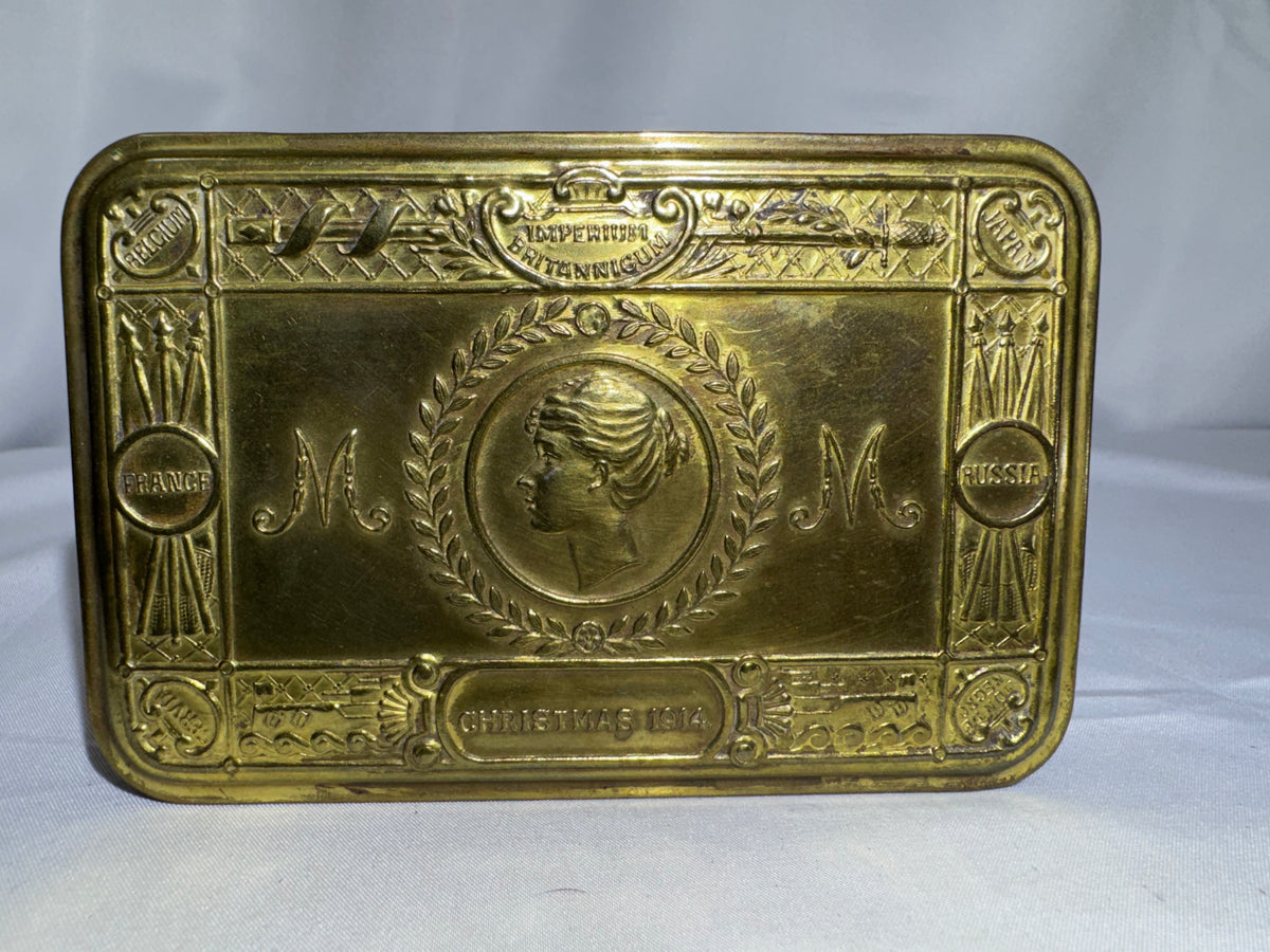 Original WWI 1914 Princess Mary Christmas Gift Tin – Embossed Brass – British Empire- empty