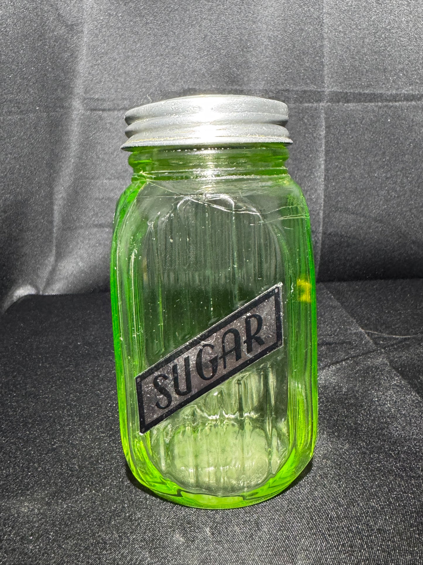 Vintage Anchor Hocking Uranium Glass SUGAR Shaker Ribbed Hoosier Jar w/ Metal Lid