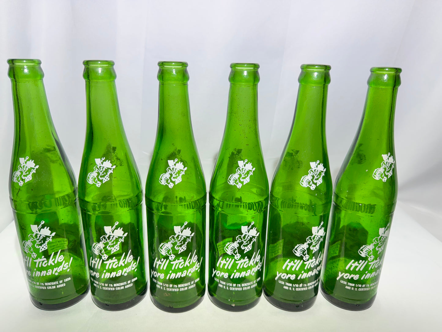 Rare Vintage Mountain Dew Green Glass Bottles – 10 fl oz – Hillbilly Slogan Graphics 6pack