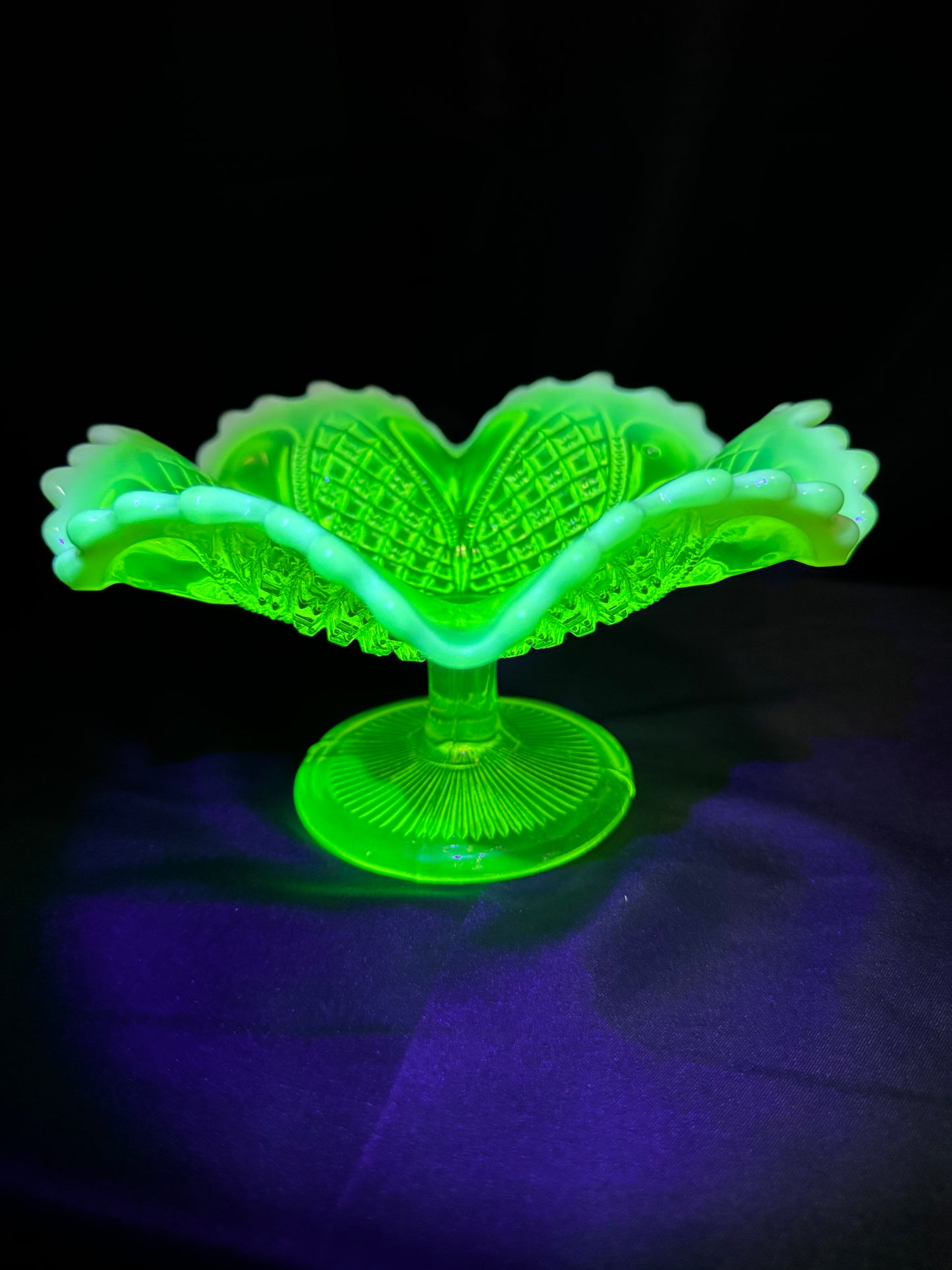 Victorian Davidson Uranium Glass Compote Bowl Queen’s Crown Primrose Pearline Opalescent Rim