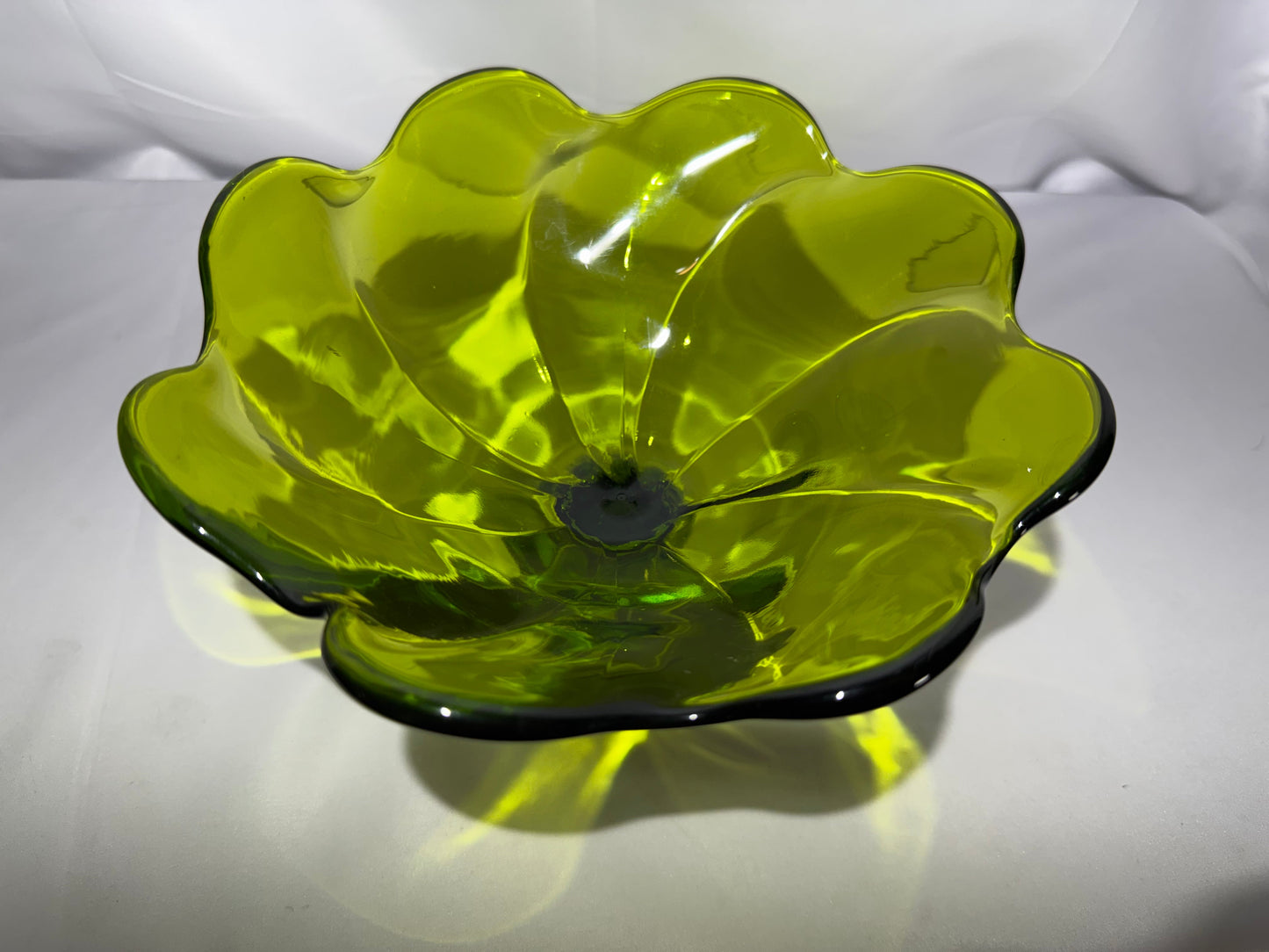 Vintage Viking Glass Epic Avocado Green Compote Bowl Twisted Pedestal Ruffled 8”