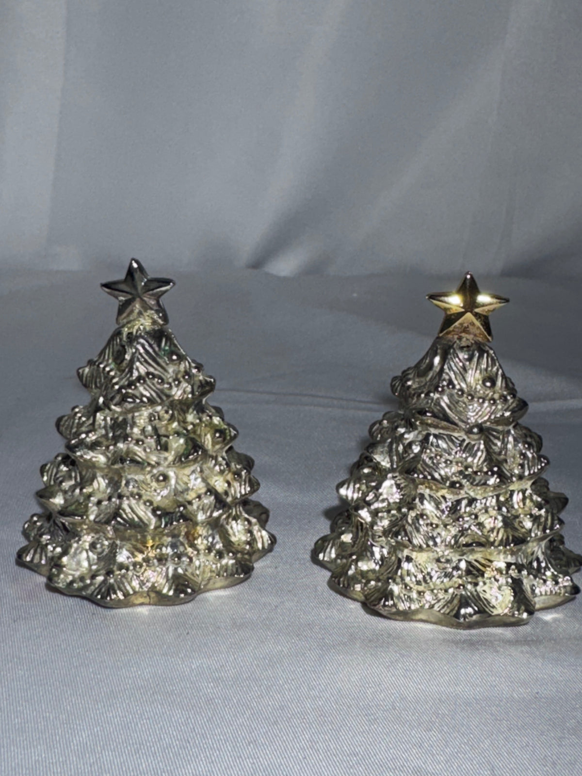 Vintage Godinger Silver Plated Christmas Tree Salt Pepper Shakers Gold Stars 2.5"