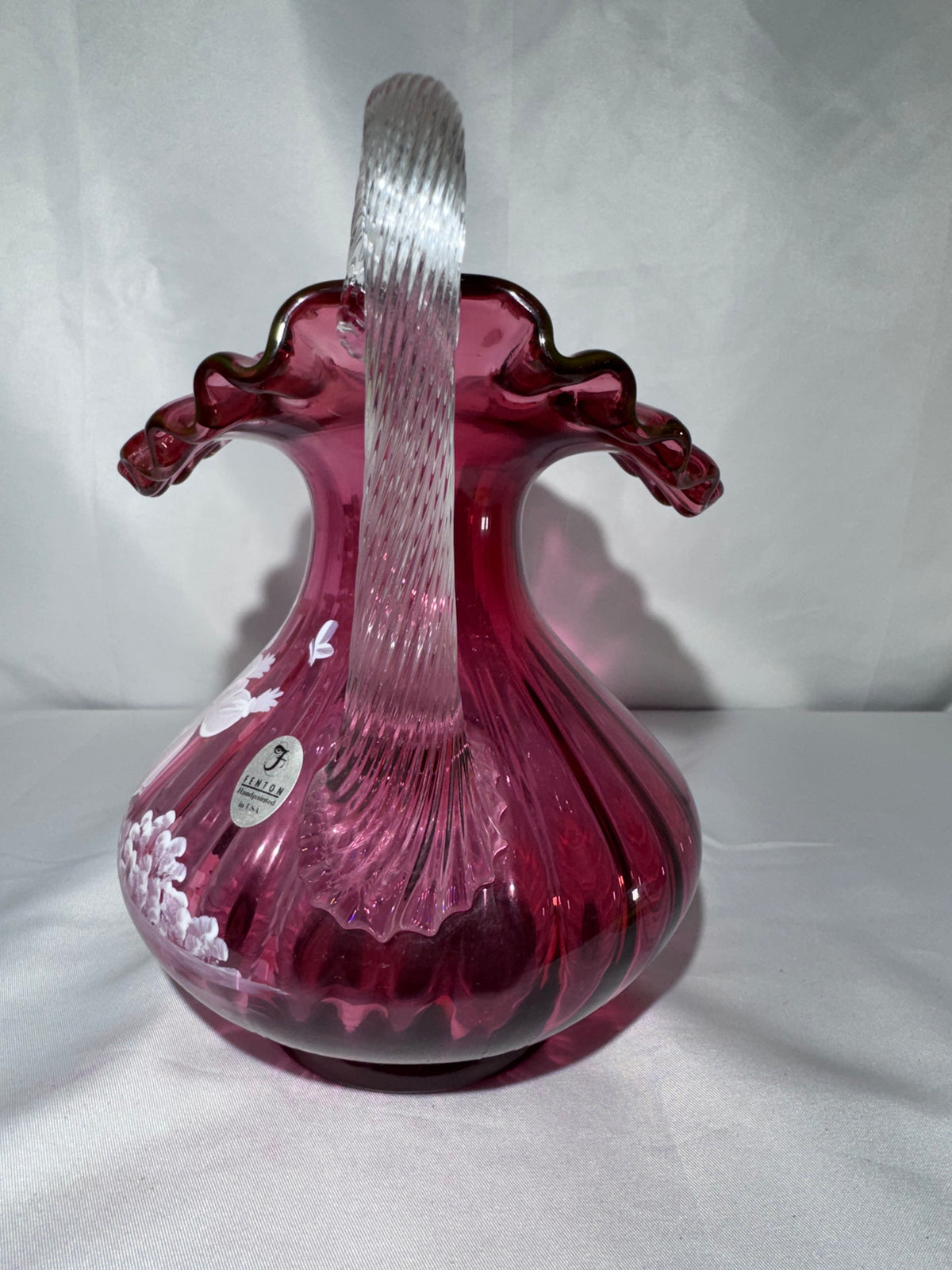 Fenton Cranberry Glass Mary Gregory Style Hand-Painted Pitcher – S. Hart – #1570/2250