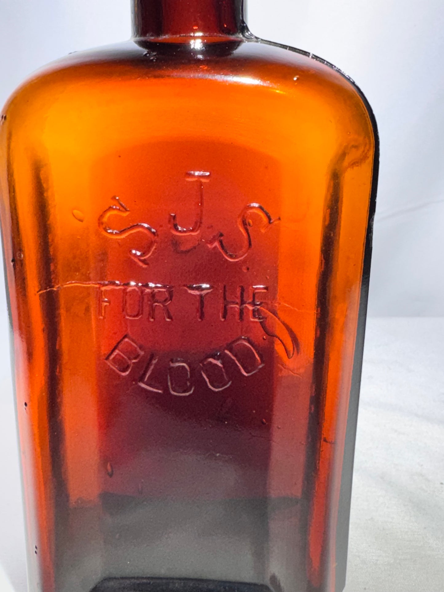 Vintage Amber Glass “S.J.S. For The Blood” Bottle – Gerstle Medicine Co., Chattanooga, Tenn.